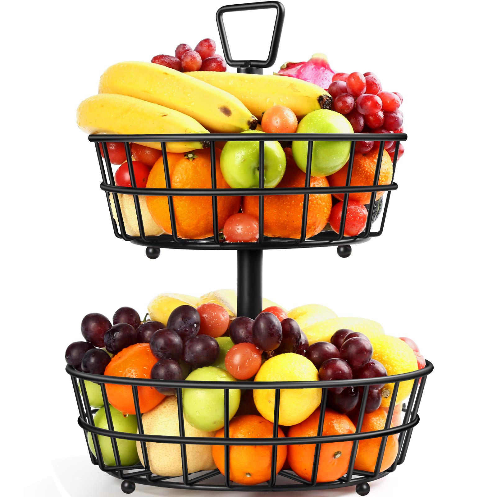 TomCare 2-Tier Metal Fruit Basket - Detachable Kitchen Storage Organizer for Fruits, Breads, Vegetables & Snacks - Large Rustic Black Wire Produce Holder for Countertop, Pantry & Dining Table Display