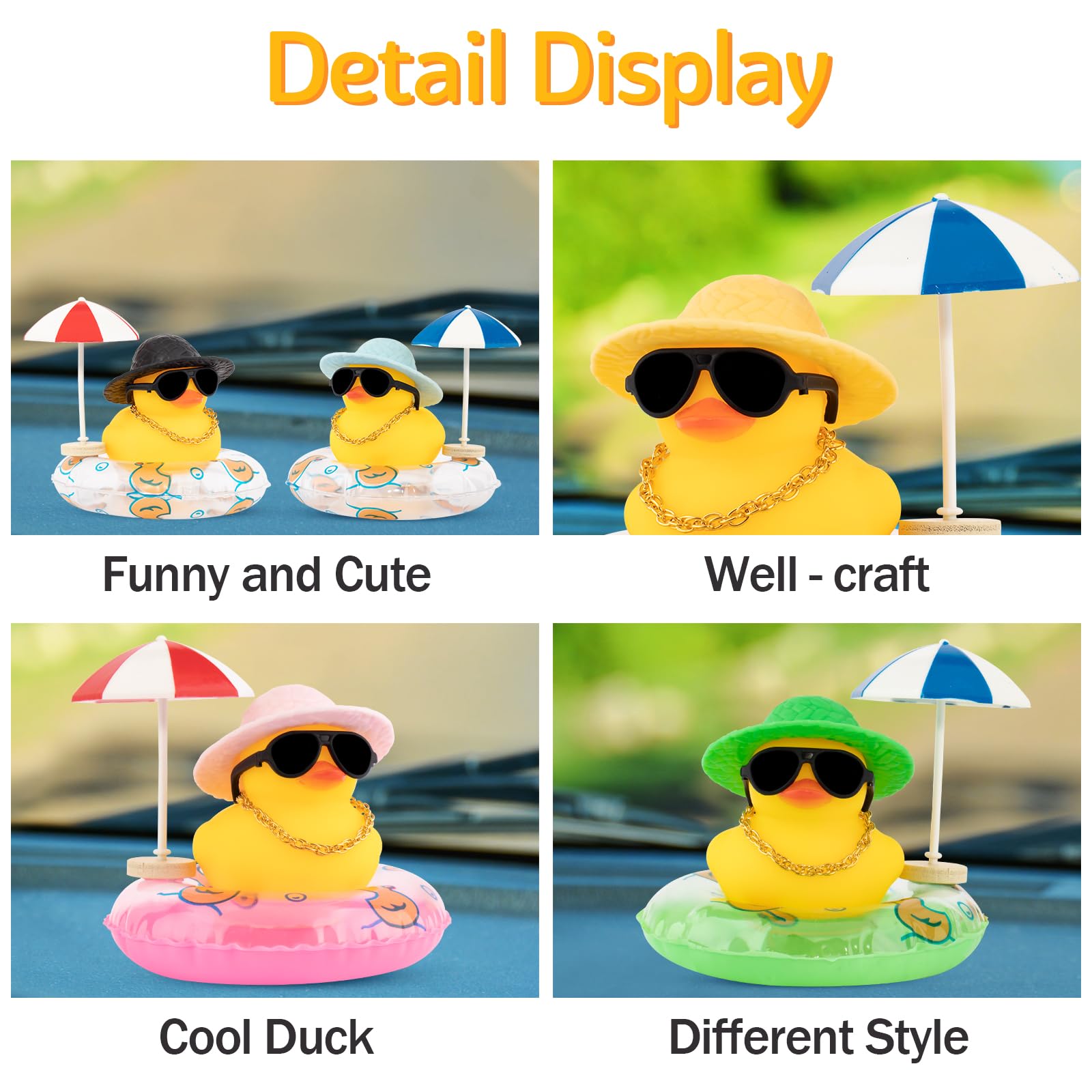 Wonuu Rubber Duck Car Ornaments with Straw Hat, Necklace, Sun Umbrella & Sunglasses - Cute Pink Dashboard Decor for Car Accessories, Perfect for Summer Road Trips & Beach-Themed Vehicles
