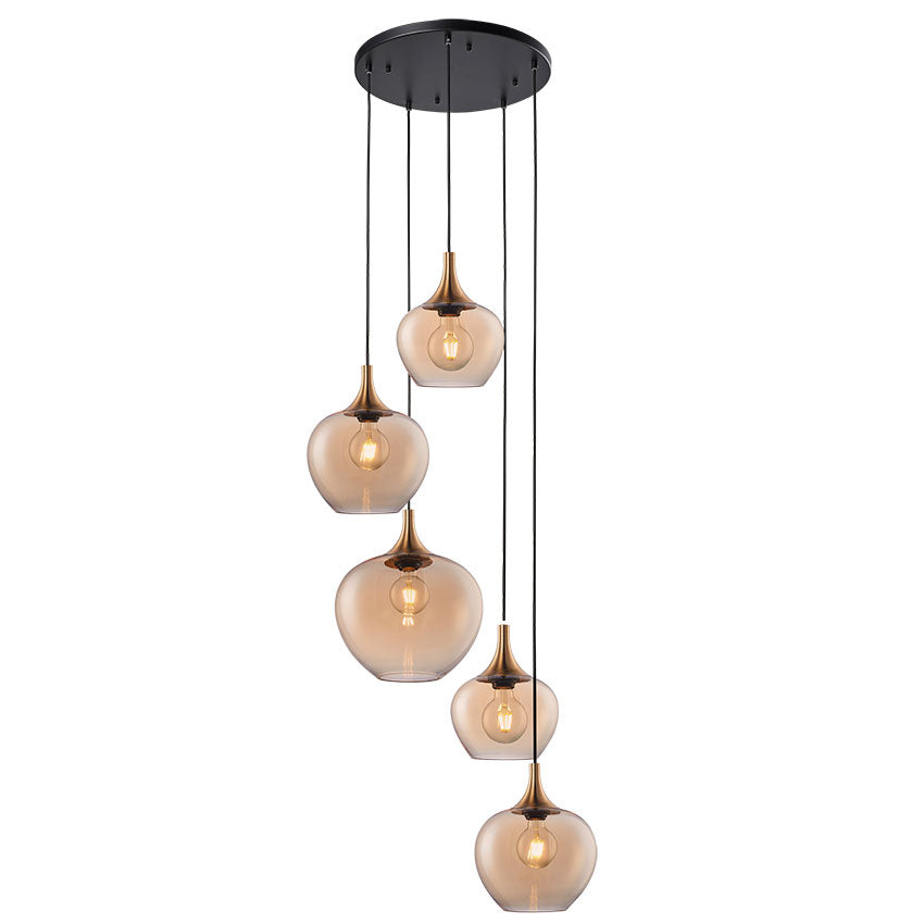 Berkley 5Lt Cluster Pendant Light Fixture E27 Base Amber & Black Glass - Perfect for Dining Room, Bedroom, or Living Room Lighting