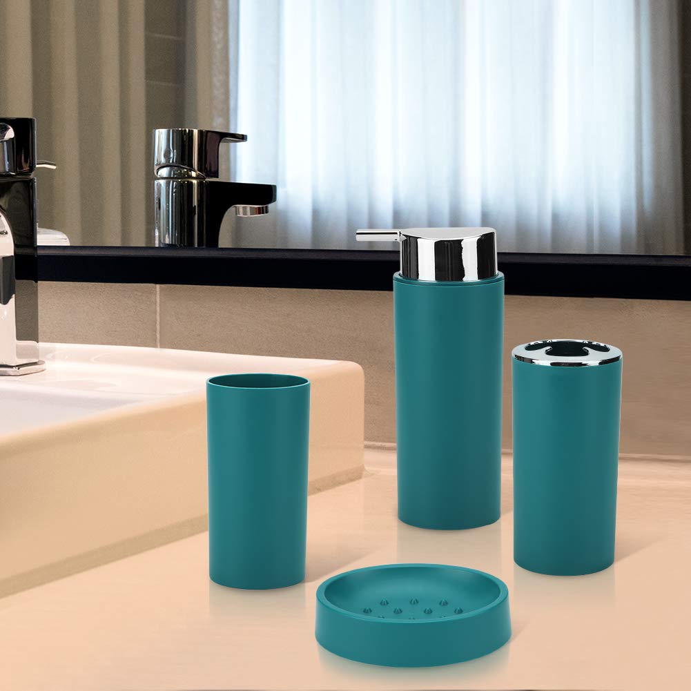 6-Piece Bathroom Accessories Set - Toothbrush Holder, Soap Dispenser, Trash Can, Tumbler Cup, Toilet Brush & Holder - Modern Deep Green Bathroom Decor - Perfect for Home, Apartment, and Guest Bathroom Organization