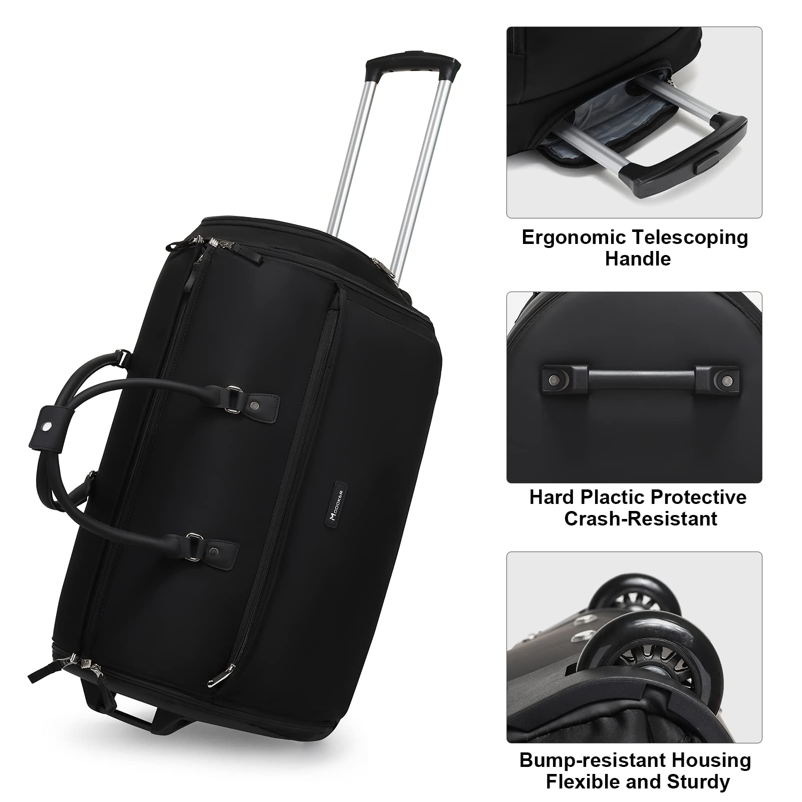 Modoker Rolling Garment Bags for Travel - Large Wheeled Duffle Bag with Wheels | 3-in-1 Garment Suit Luggage for Business & Weekend Trips | Perfect for Men & Women | Black | Ideal for Airplane, Train & Business Travel