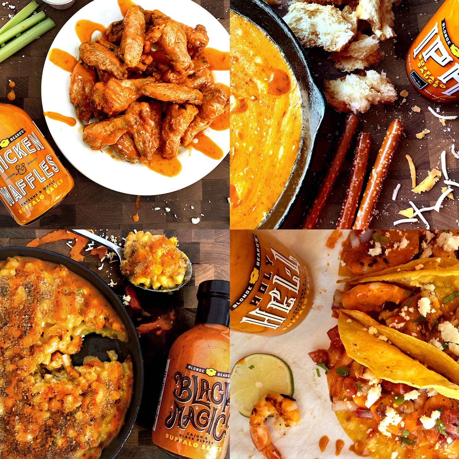 Blonde Beard's Buffalo Sauce Variety 4-Pack - Wing Sauce Gift Set with Chicken & Waffles, IPA Buffalo, Black Magic & Holy Hell (Mild to Extra Hot) - Perfect for Chicken Wings, Burgers, Pizza & Dips (4 x 8 fl oz Bottles) - Premium Hot Sauce Collection for BBQ, Parties & Gifts