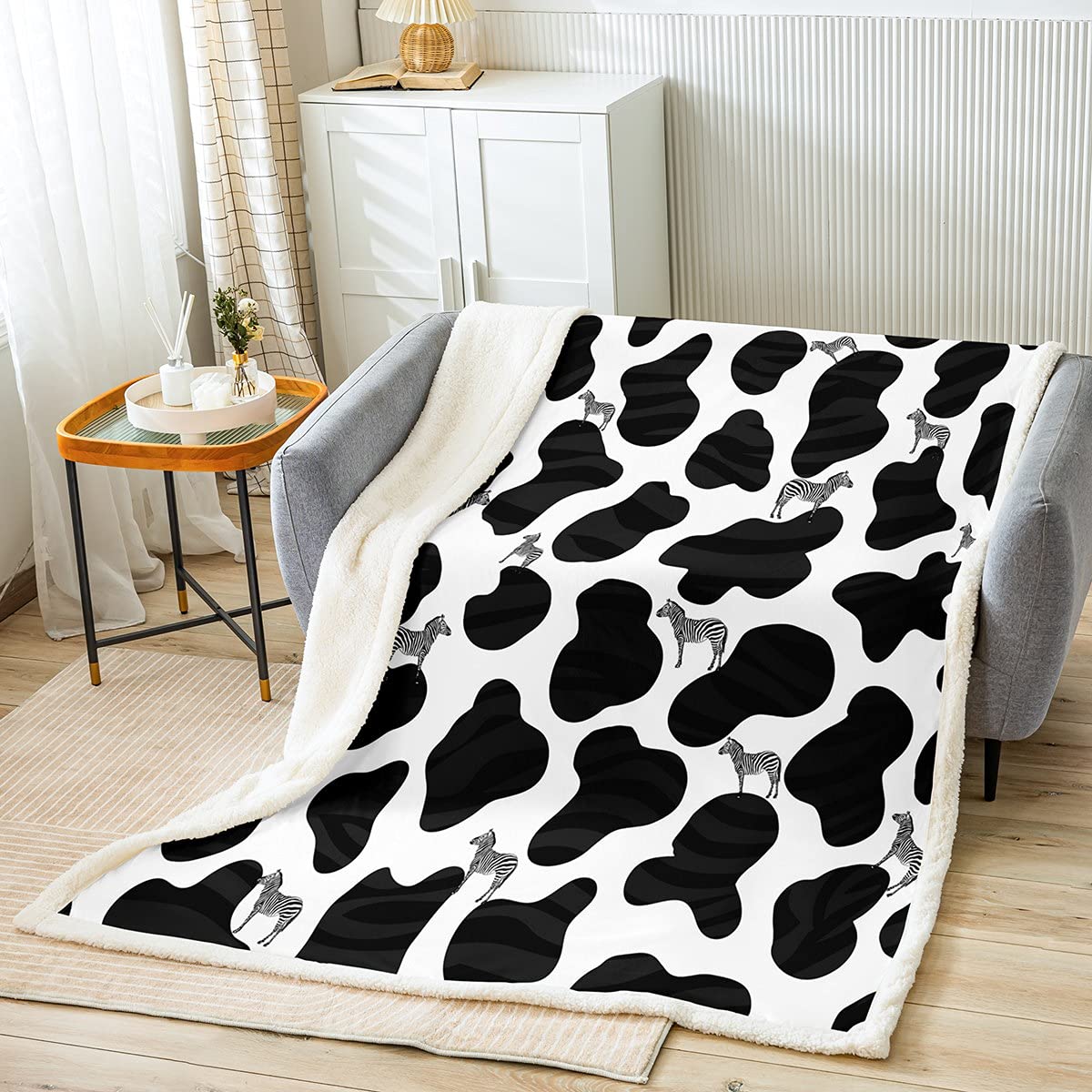 Black and White Cow Print Fleece Throw Blanket - Cartoon Zebra Pattern Soft Warm Lightweight Blanket for Couch, Bed, Sofa - Perfect for Kids, Adults, Women - Farmhouse Decor Gift Idea - Queen Size 90x90 Inches - Great for Living Room, Nursery, Dorm, Camping & Cozy Home Use