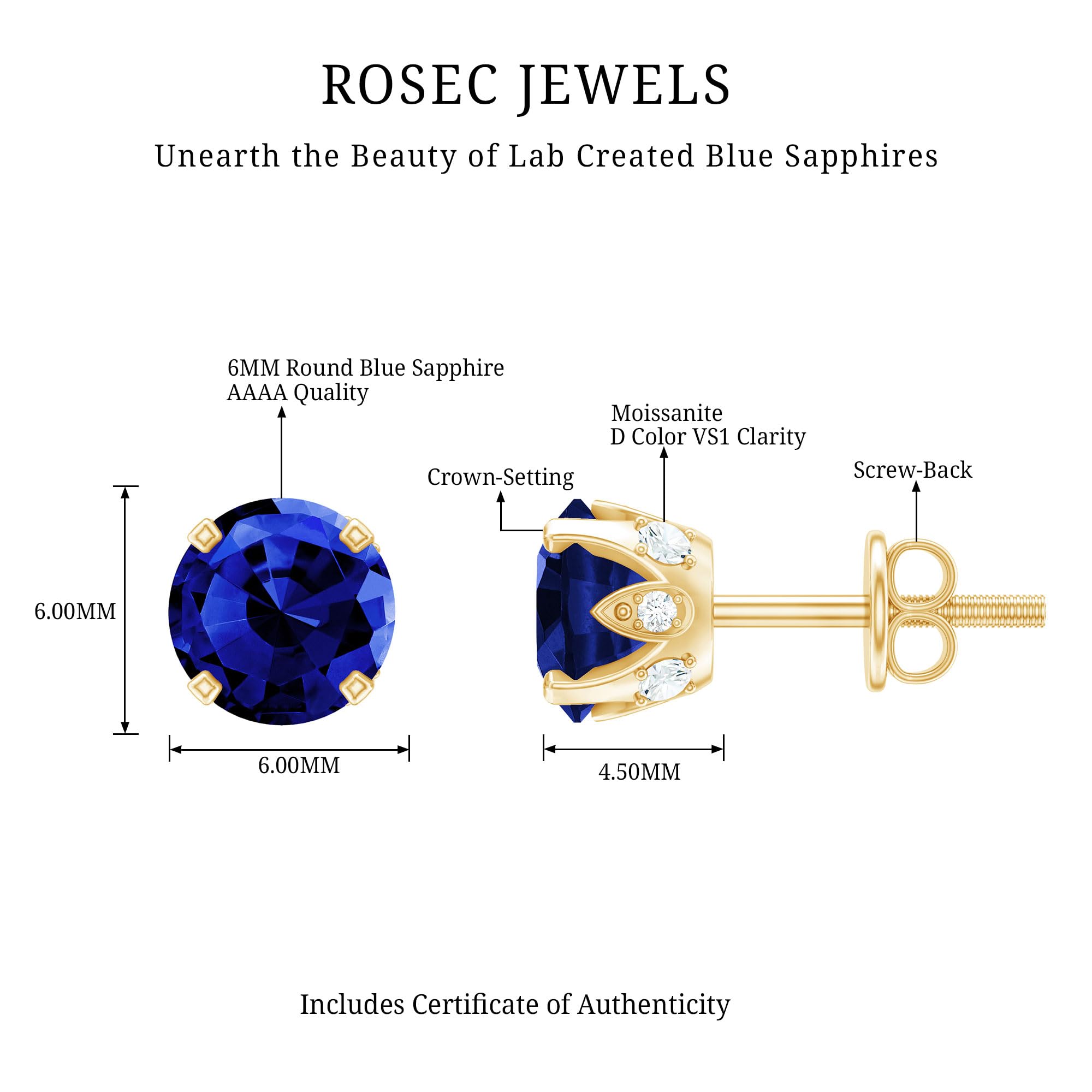 Certified Lab Grown Blue Sapphire Moissanite Stud Earrings - AAAA Quality Gemstone Jewelry with Gift Box - Perfect for Weddings, Anniversaries & Special Occasions
