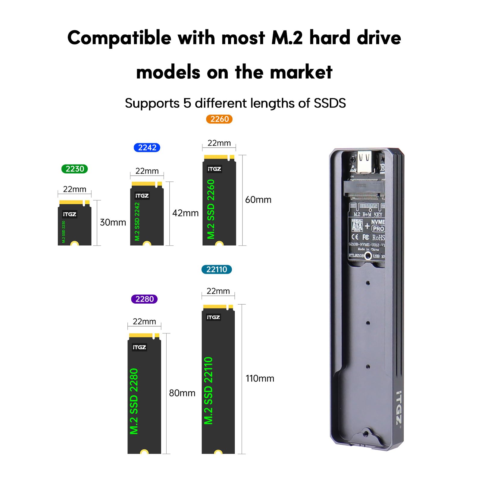 Premium Aluminum Alloy NVMe SSD Enclosure with RTL9210B Chip - 10Gbps USB 3.2 Gen2 for 2230/2242/2260/2280/22110 M.2 NVMe SSDs - Portable External Hard Drive Case for Laptop, Desktop & Gaming PC - Perfect for Data Backup, File Transfer & On-the-Go Storage