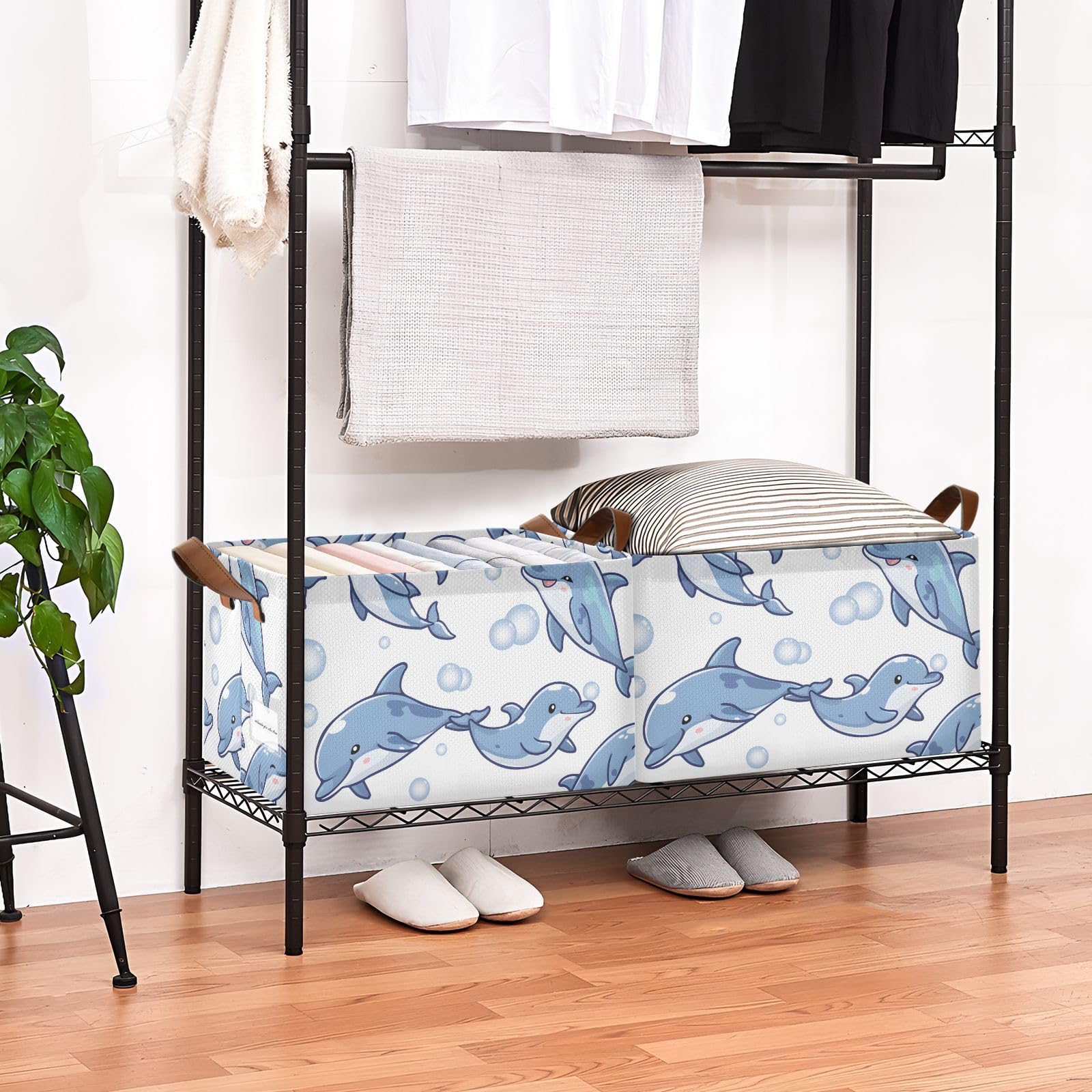Dolphin Blue Foldable Storage Baskets - 2 Pack Rectangular Canvas Fabric Storage Bins with Handles for Shelves | Sea Animal Themed Decorative Organizer for Bedroom, Bathroom & Kids Room
