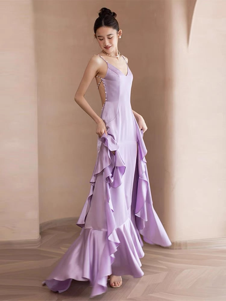 Elegant Backless A-Line Ruffle Long Prom Dress - Purple Formal Evening Gown J3654 for Homecoming, Wedding & Special Occasions
