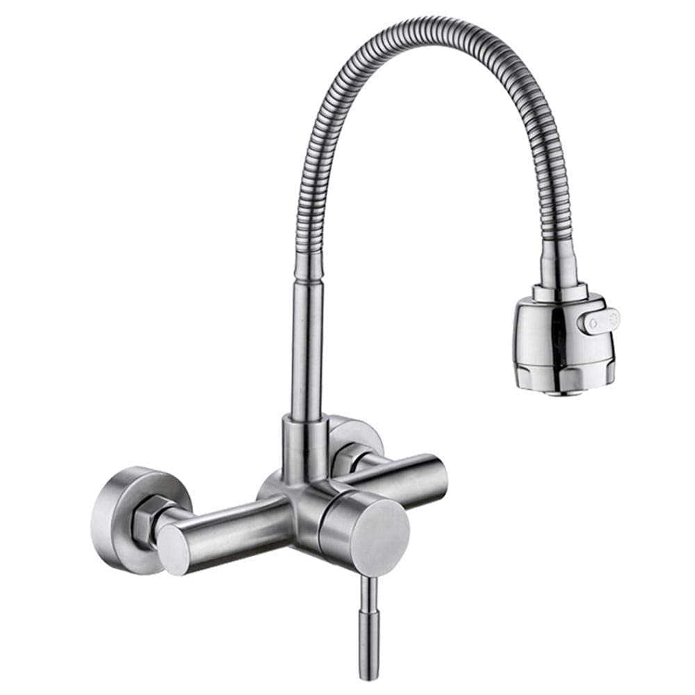 304 Stainless Steel Wall Mounted Kitchen Faucet with Hot & Cold Mixing Valve - Ideal for Sink, Balcony, Laundry Room & Pool Area - Durable & Stylish Water Tap for Modern Homes