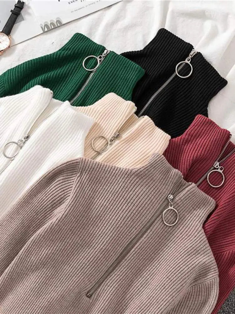 Vintage Knitted Long Sleeve Zip-Up Half Turtleneck Sweater for Women - Cozy Winter Pullover for Casual Outfits & Office Wear