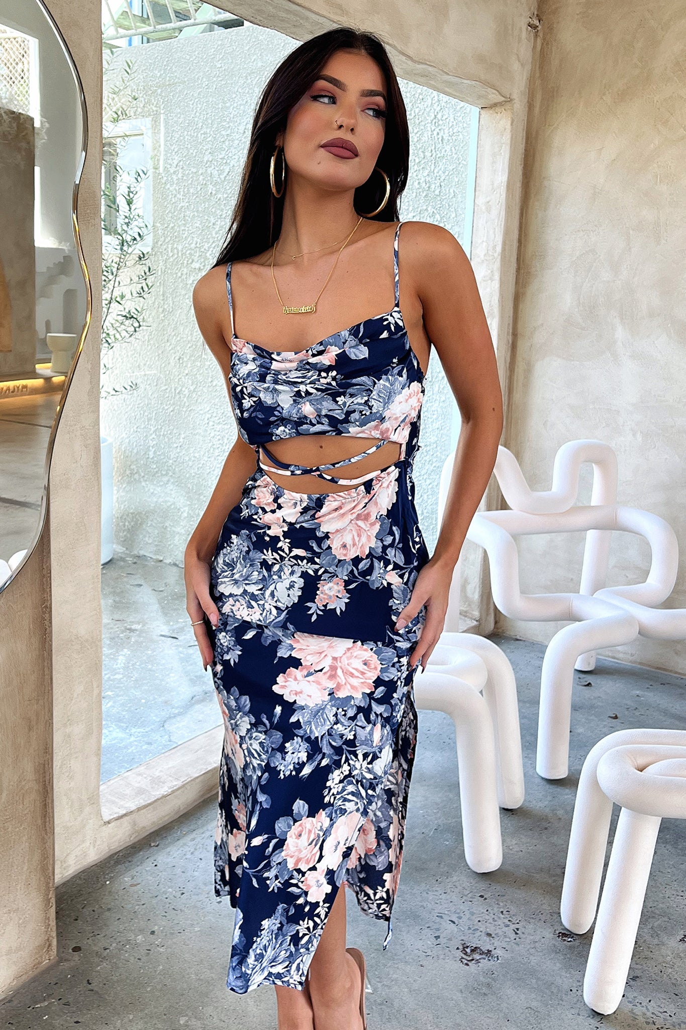 Florence Midi Dress - Blue Floral Print Summer Dress for Women | Casual & Party Wear | Perfect for Beach, Wedding & Date Night