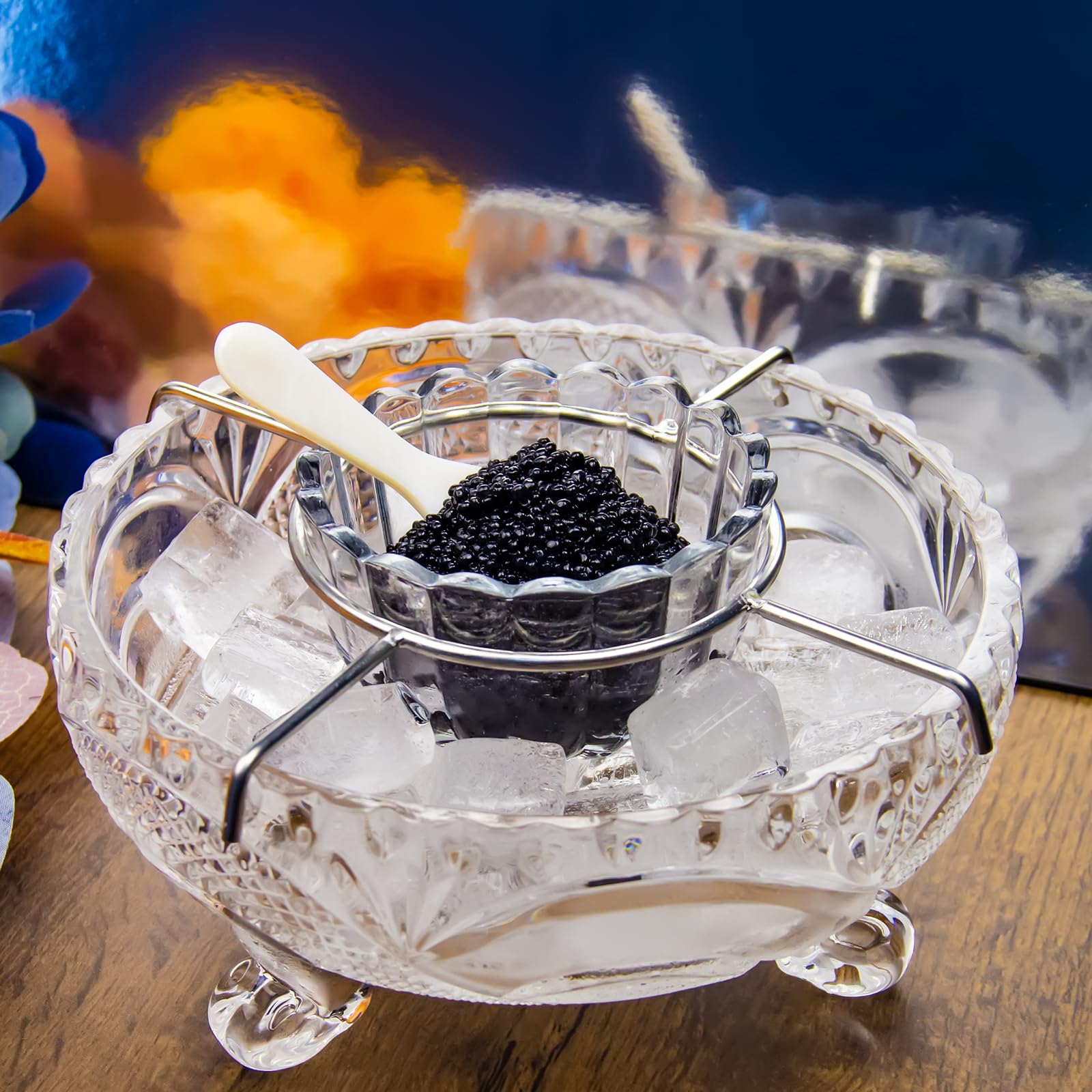 Premium Caviar Serving Set - 1 Glass Divided Bowl & 2 Mother of Pearl Spoons - Elegant Appetizer Dish for Seafood, Shrimp, Sushi - Perfect for Dinner Parties, Restaurants & Catering Events