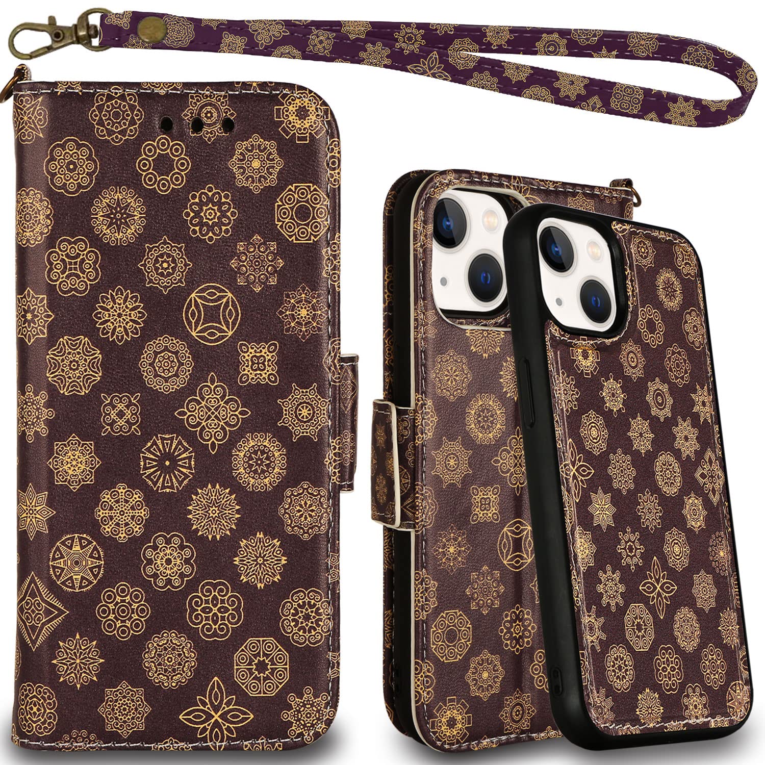 Premium MEFON Leather Wallet Case for iPhone 13 Mini - Magsafe Charging Compatible, RFID Blocking, Magnetic Detachable with Screen Protector | Luxury Flip Folio Phone Cover for Women & Men | Perfect for Business, Travel & Everyday Use (Mandala 1)
