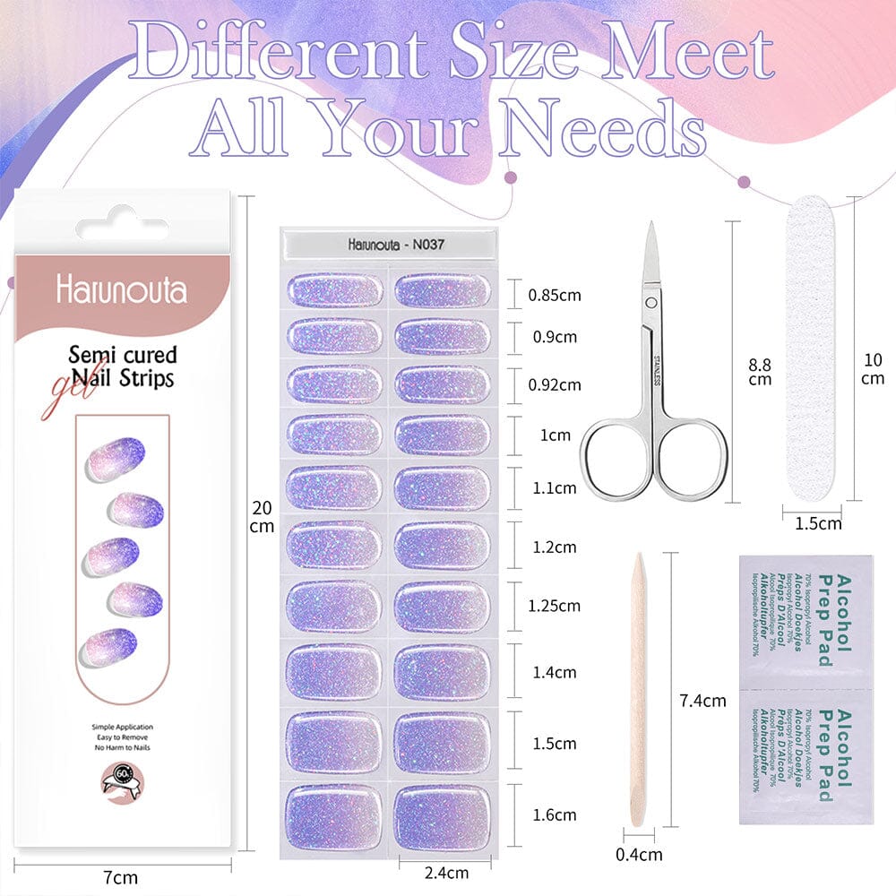 20 Tips Purple Shimmer Semi Cured Gel Nail Strips - Long Lasting DIY Nail Art Kit for Home & Salon Manicure | Perfect for Parties, Weddings & Special Occasions