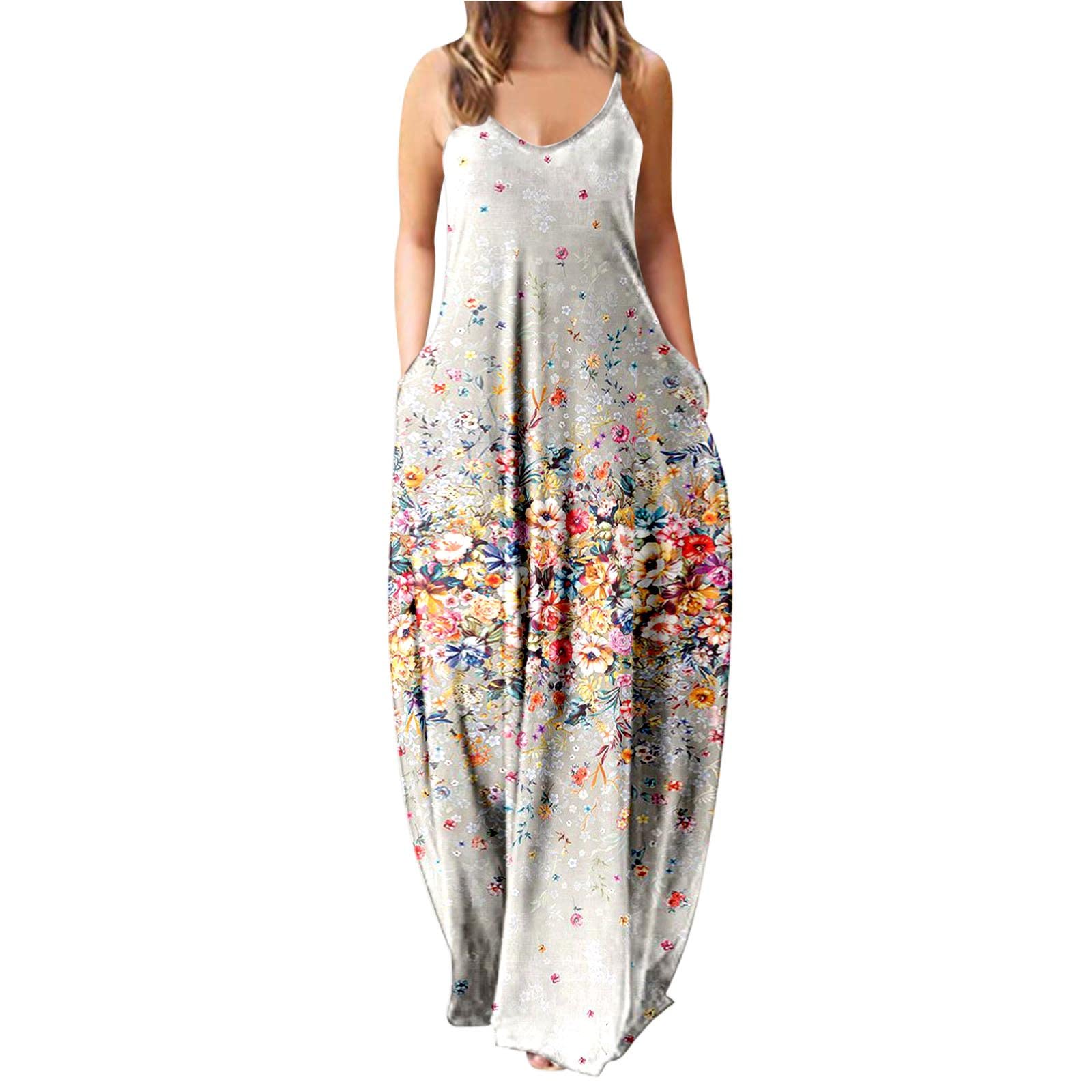 Women's Printed V-Neck Swing T-Shirt Dress - Loose Maxi/Midi Beach Cover Up Dress for Summer, Vacation & Casual Wear