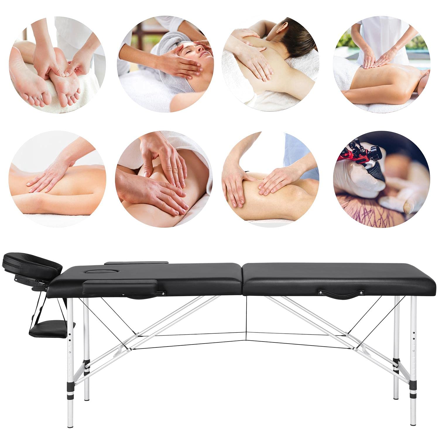 Topeakmart Portable Folding Massage Table - Adjustable Height 84 Inch Aluminum Spa Therapy Bed for Salon & Home Use | Black | Ideal for Professional Massage, Physical Therapy & Relaxation