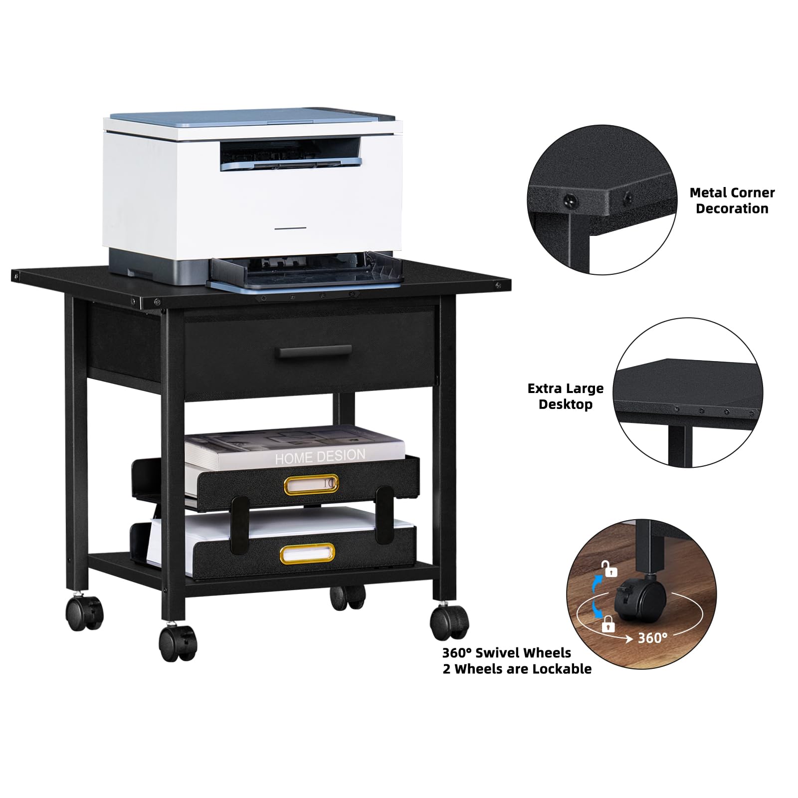 Lerliuo Under Desk Rolling Printer Stand with Drawer - 2-Tier Industrial Mobile Printer Cart with Storage Shelf & Steel Frame - Lockable Wheels for Home & Office (Black) | Perfect for Compact Spaces, Document Organization & Workspace Efficiency