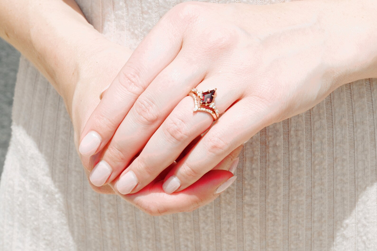 14K Rose Gold Vermeil Red Garnet Engagement Ring Set - Elegant Wedding & Promise Jewelry for Women