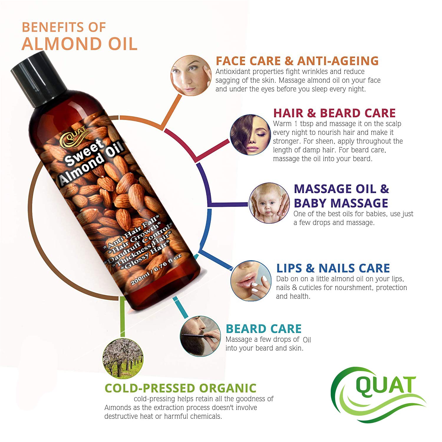Quat Effective Sweet Almond Hair Oil for Hair Growth, Dandruff Control & Thick Shiny Hair - 200ml | Natural Scalp Treatment for Dry Damaged Hair | Perfect for Daily Hair Care & Styling