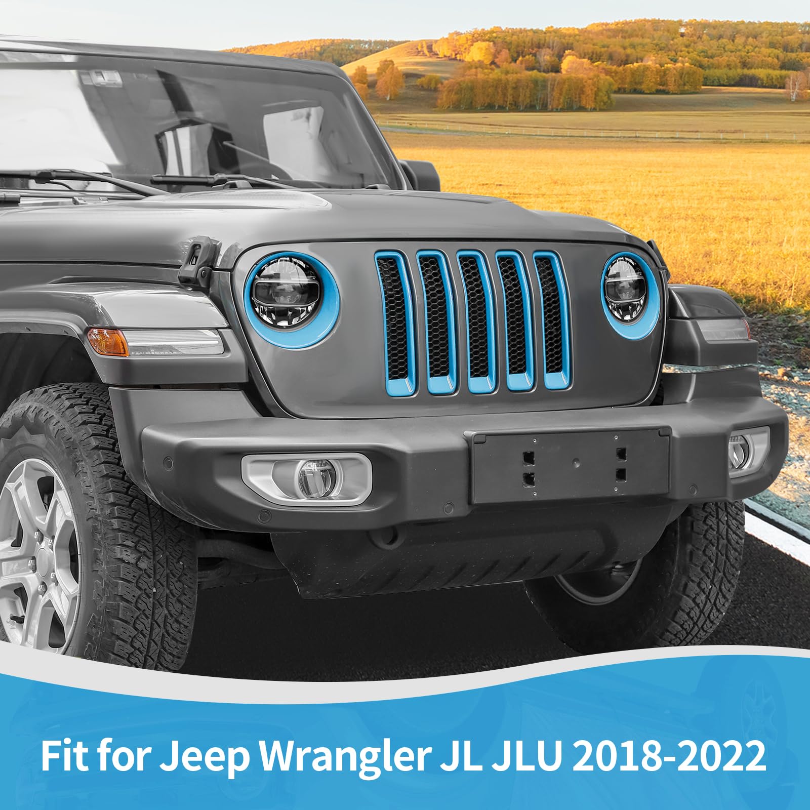 RT-TCZ Mesh Front Grille Insert & Headlight Cover Trim for Jeep Wrangler JL/JLU (2018-2022) - Baby Blue Exterior Accessories (9-Piece Set) | Off-Road Protection & Custom Styling Upgrade
