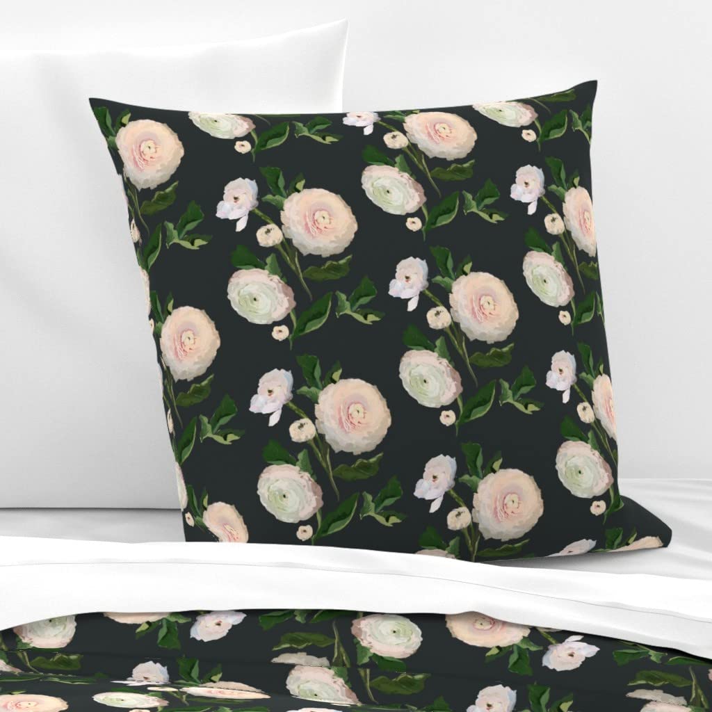Vintage Floral Print Cotton Sateen Euro Sham Pillowcase - Custom Bedding for Spring Decor | Romantic Black Garden Design for Master Bedroom & Guest Room