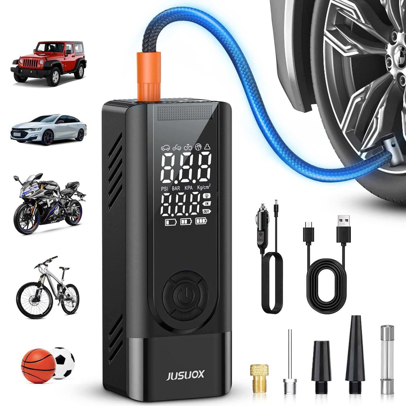 Portable Cordless Tire Inflator Air Compressor - 150PSI Digital Air Pump for Car, Motorcycle & Bike Tires with LED Light, Dual Power (Battery & 12V DC), Perfect for Road Trips, Emergency Flat Tire Repair and Outdoor Adventures
