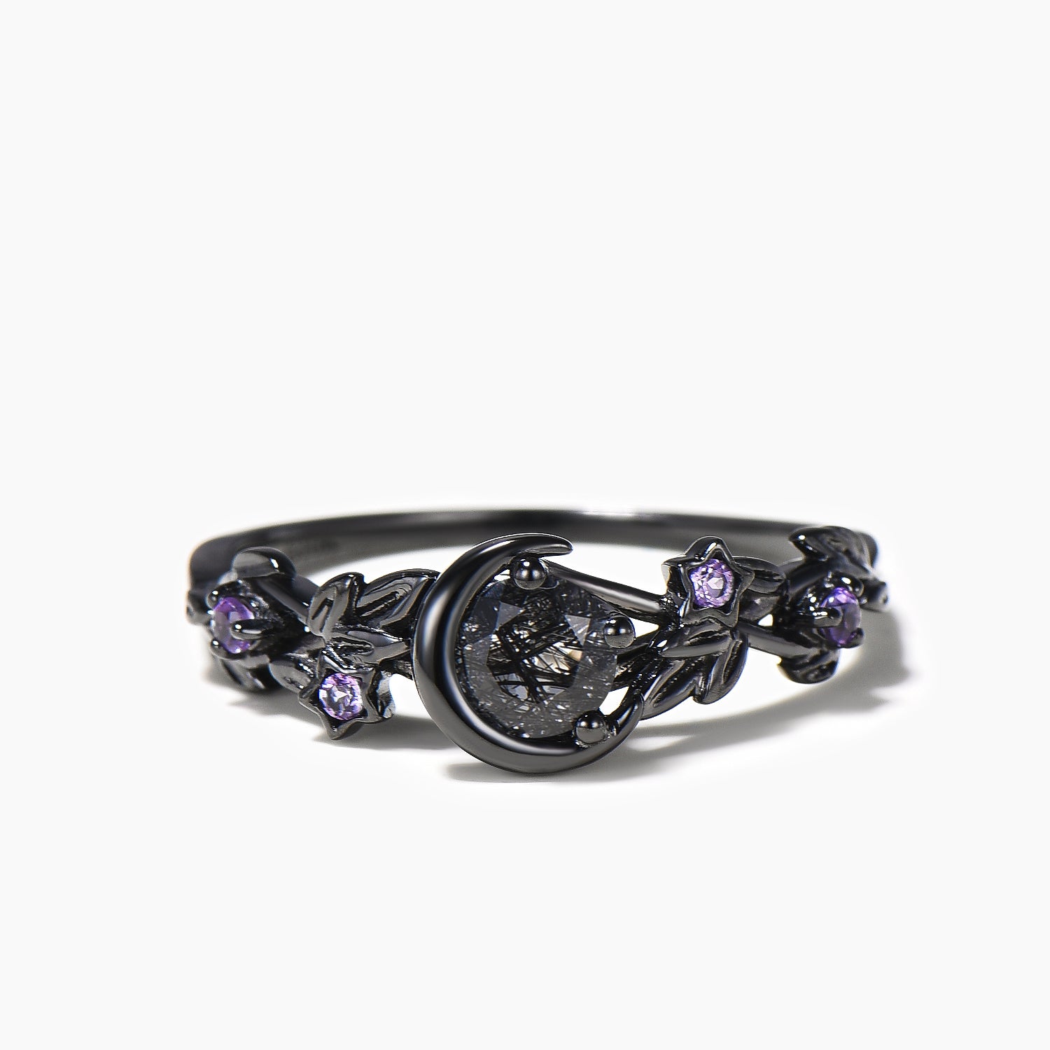 Black Rutilated Quartz Moon Engagement Ring - Round Cut Amethyst Nature Inspired Wedding Band for Women, Perfect for Proposals, Anniversaries & Boho Chic Style