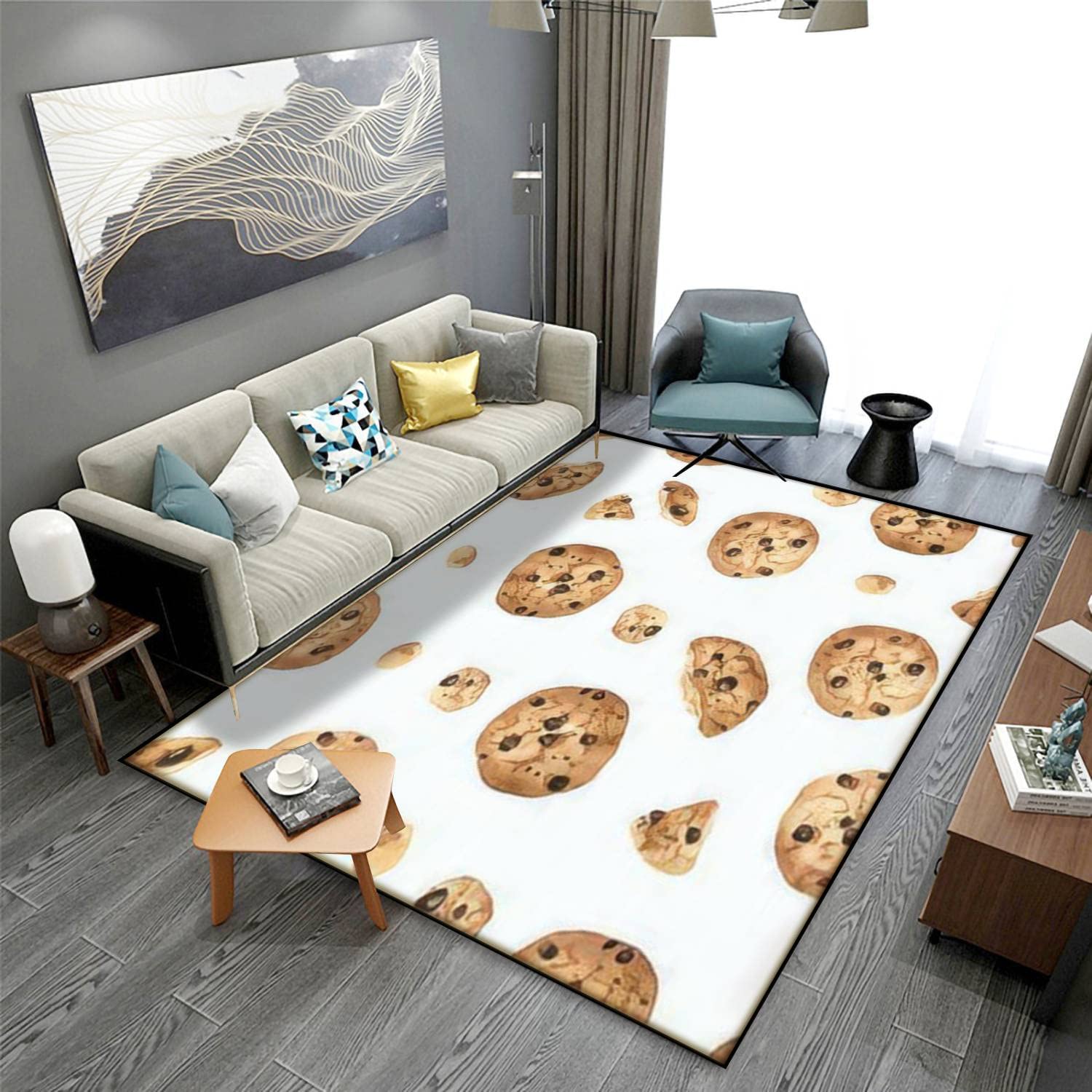 MJKIODPEV Watercolor Biscuit & Chocolate Hand-Drawn Area Rug - Non-Slip Soft Indoor/Outdoor Floor Mat for Living Room, Bedroom, Dorm - 63''×94'' - Perfect for Cozy Home Decor & Gift Giving