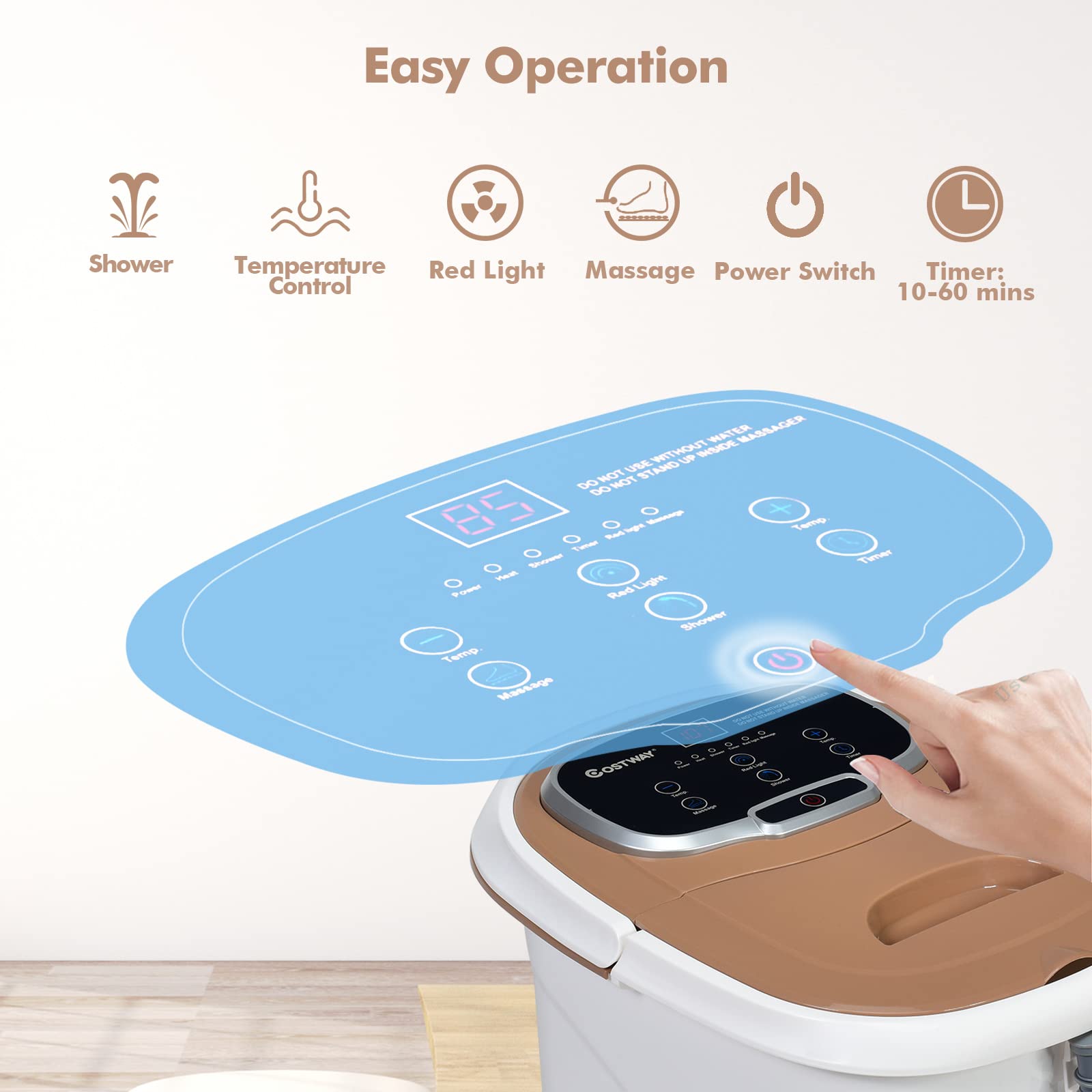 COSTWAY Electric Foot Spa Massager with Motorized Rollers, Shiatsu Massage, Heated Water, Red Light Therapy, Adjustable Temperature & Timer - Relaxing Foot Bath for Stress Relief & Circulation (Coffee) - Perfect for Home Spa, Post-Workout Recovery & Self-Care Evenings