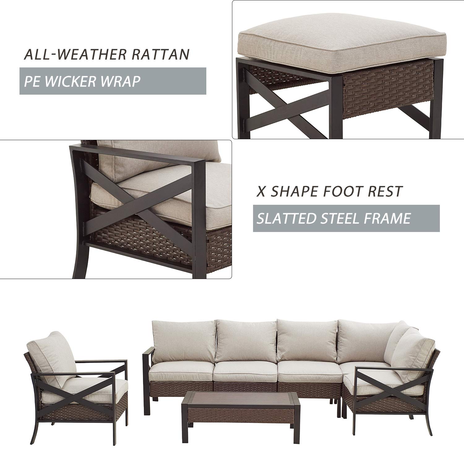 **7-Piece Outdoor Patio Furniture Set - All-Weather Brown Wicker Sectional Sofa with Removable Cushions, Coffee Table & Ottoman for Backyard, Garden, Poolside & Deck Relaxation**