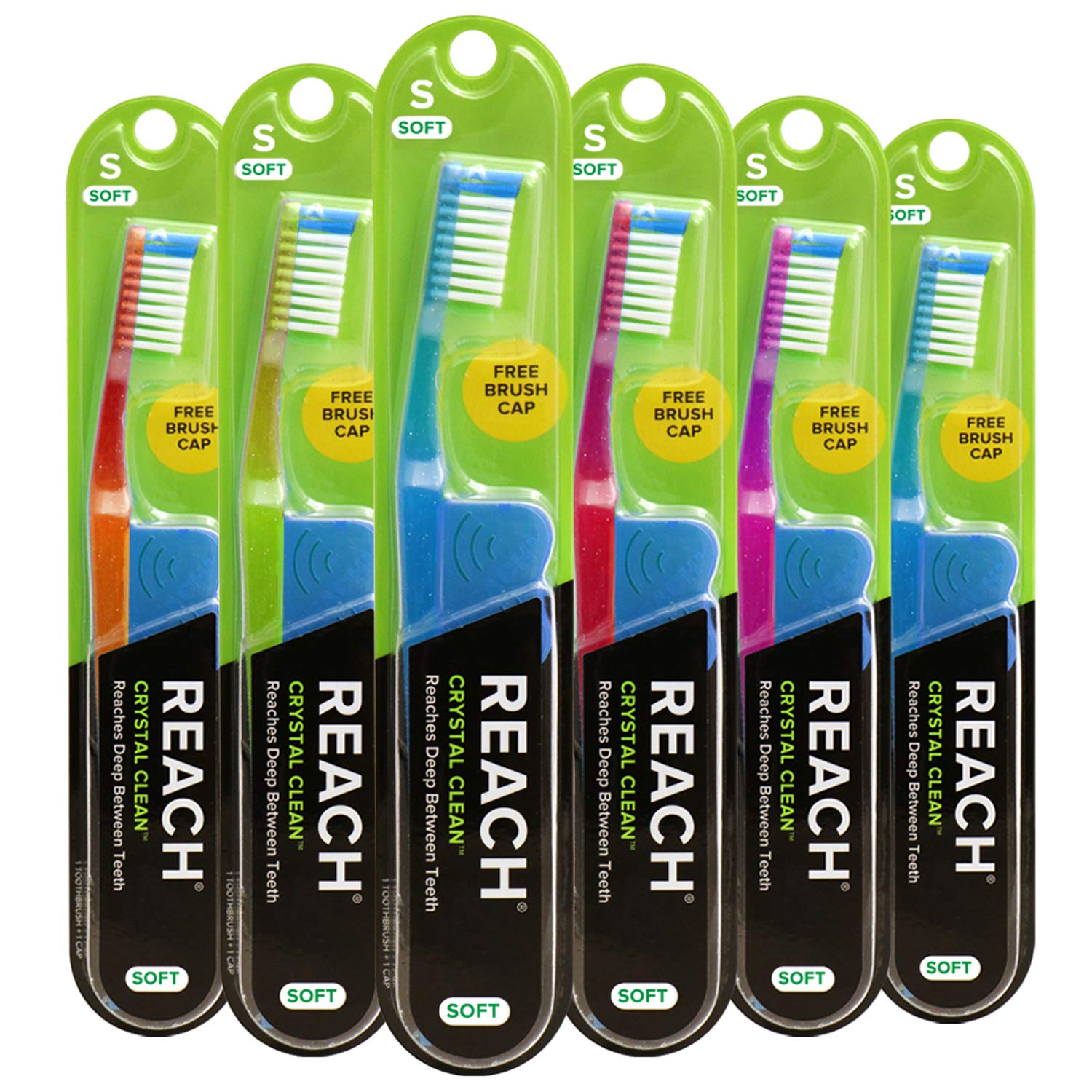 Reach Crystal Clean Soft Bristle Toothbrush - 6 Pack (6 Count) for Gentle Teeth Cleaning & Gum Care - Perfect for Travel, Home & Office Use