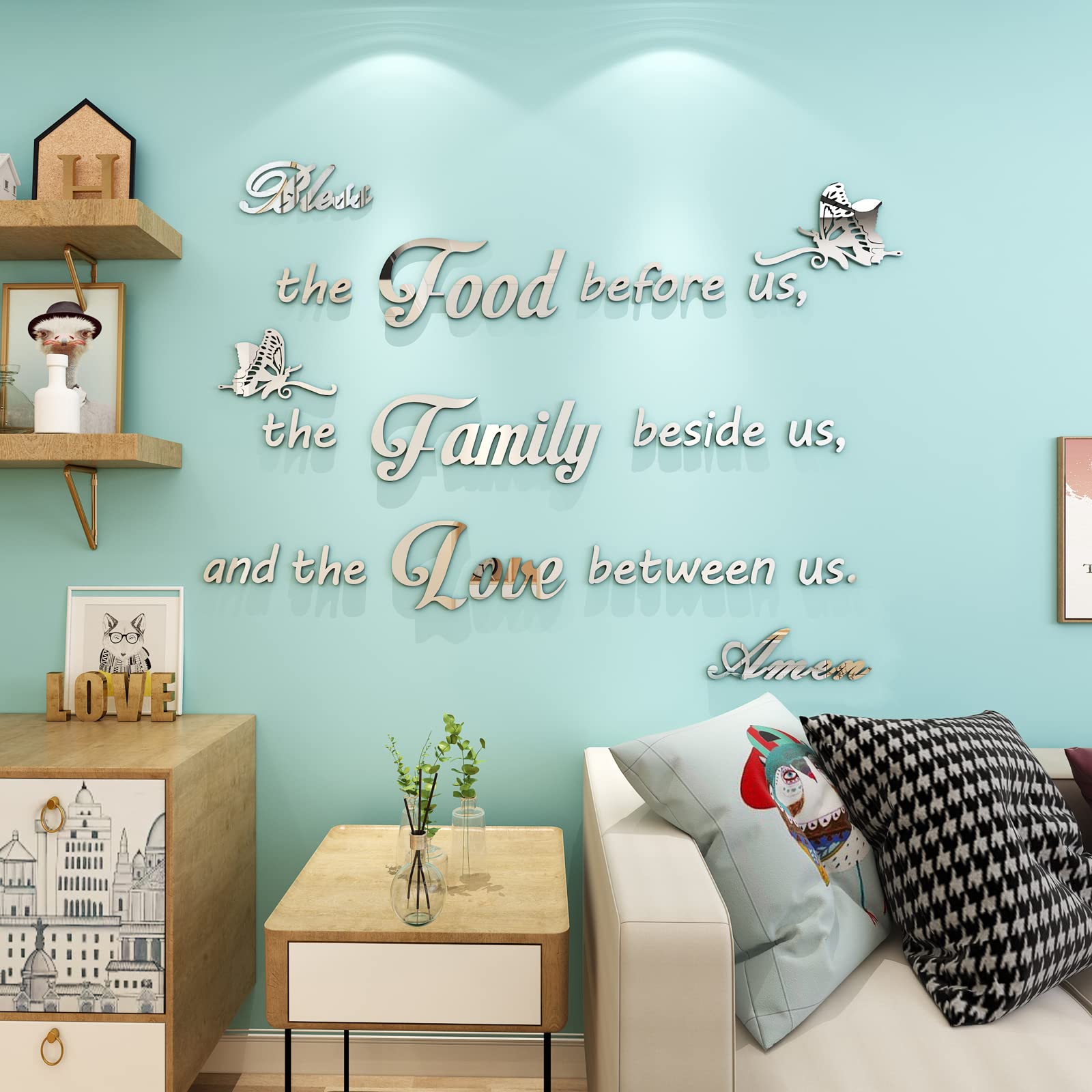 Kitchen Wall Decor - Acrylic Bless The Food Sign for Dining Room & Prayer Room (35.4x26.3in Silver)
