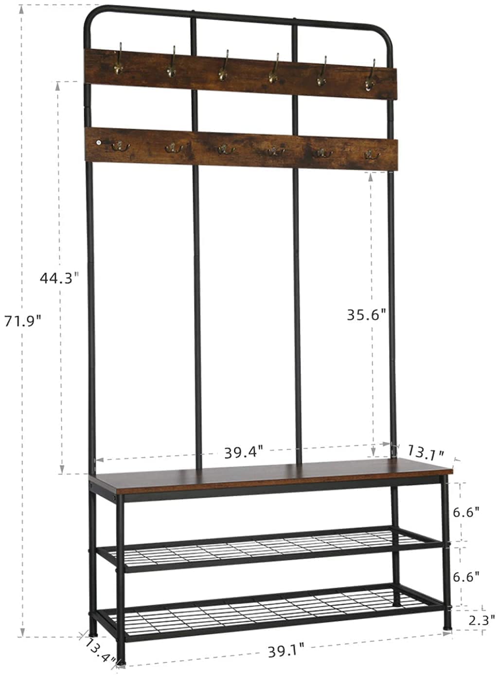 QCen 72 Inch Industrial Hall Tree Entryway Bench with Coat Rack & Shoe Storage - Wood Look Accent Furniture with 12 Hooks & Metal Frame - Perfect for Mudroom, Foyer & Small Space Organization