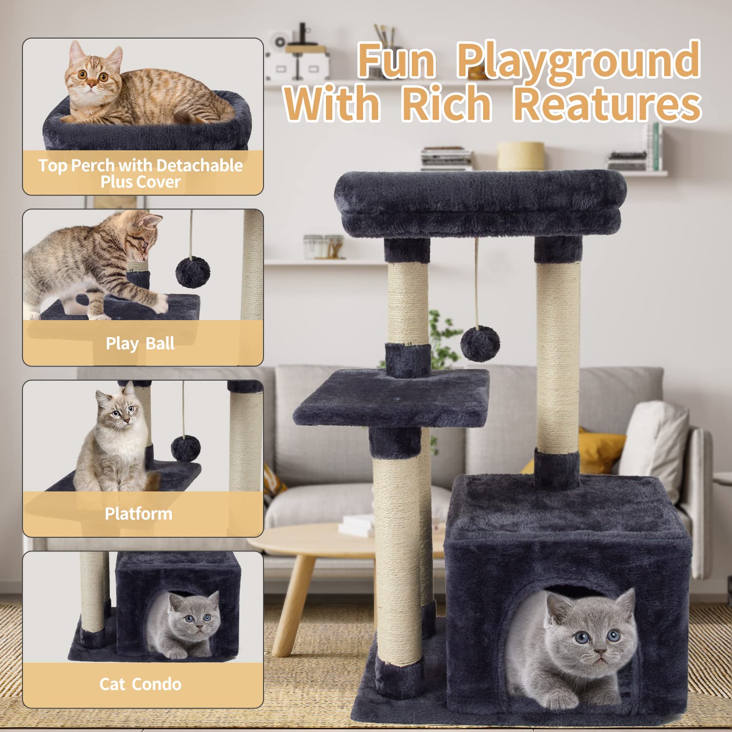 Cute Cat Tree Tower for Indoor Cats - Sisal Scratching Post with Jump Platform, Kitten Condo & Activity Center Playhouse in Smoky Grey | Perfect for Small Spaces & Multi-Cat Homes