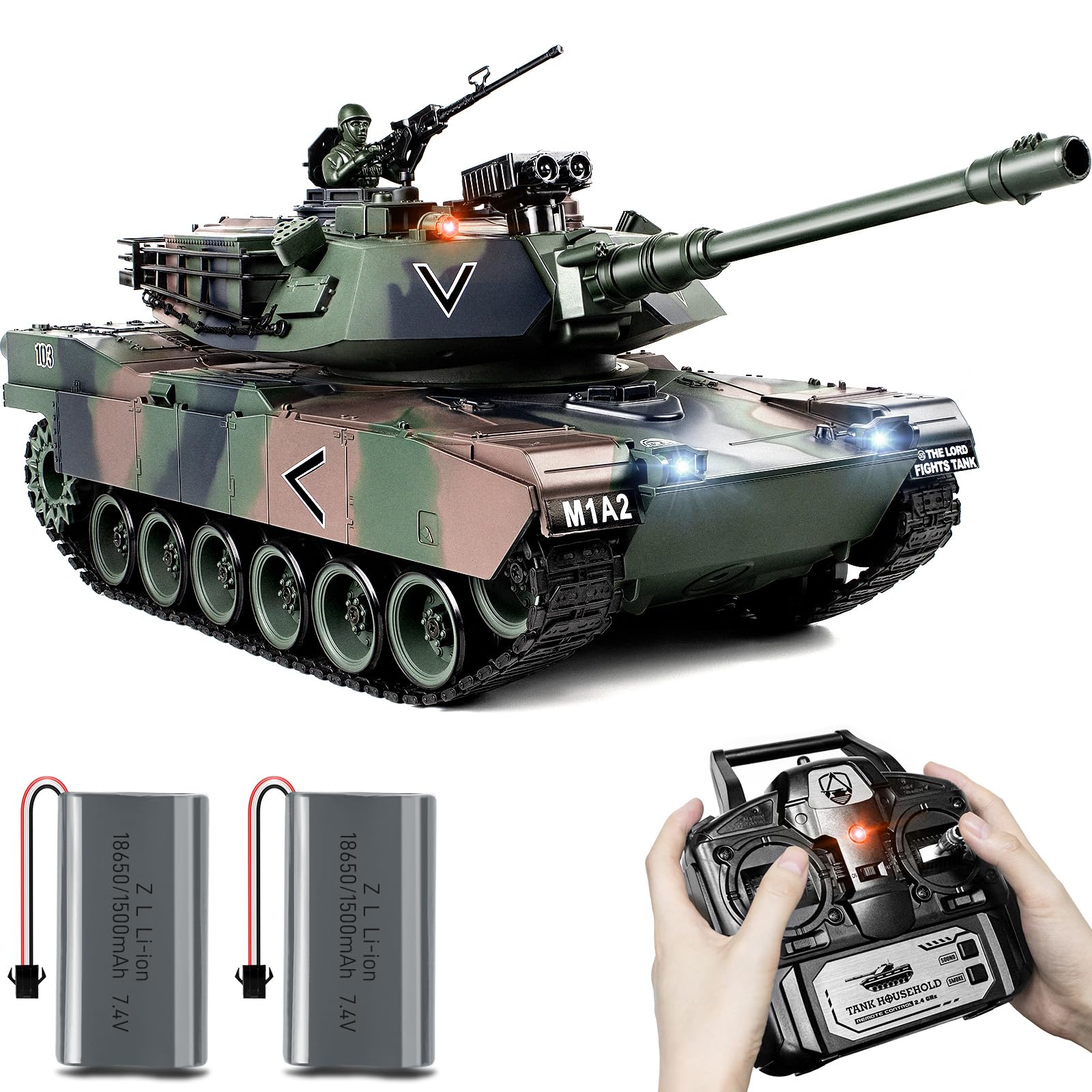 1:18 Scale RC M1A2 Abrams Battle Tank - 2.4GHz Remote Control Military Toy with Smoke, Lights & Sound Effects | 15-Channel Water Bomb & BB Shooting Function | Volume Control for Adults & Kids | Outdoor Play, Collection Display, Battle Simulation