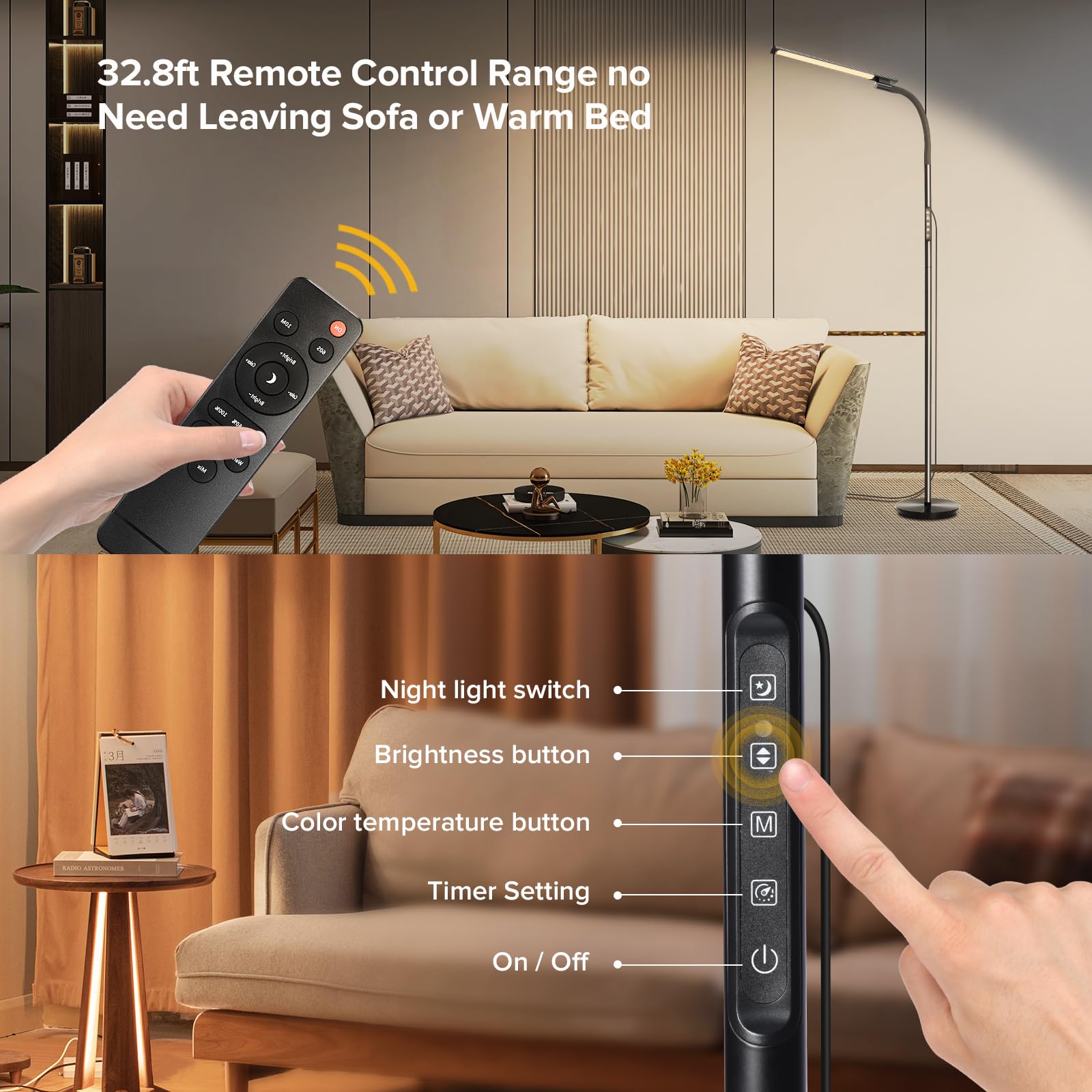 Modern LED Floor Lamp with Remote & Touch Control - Adjustable Gooseneck Standing Light with 5 Color Temperatures & 5 Brightness Levels, Night Light Feature - Perfect for Living Room, Bedroom, Office Reading & Ambient Lighting