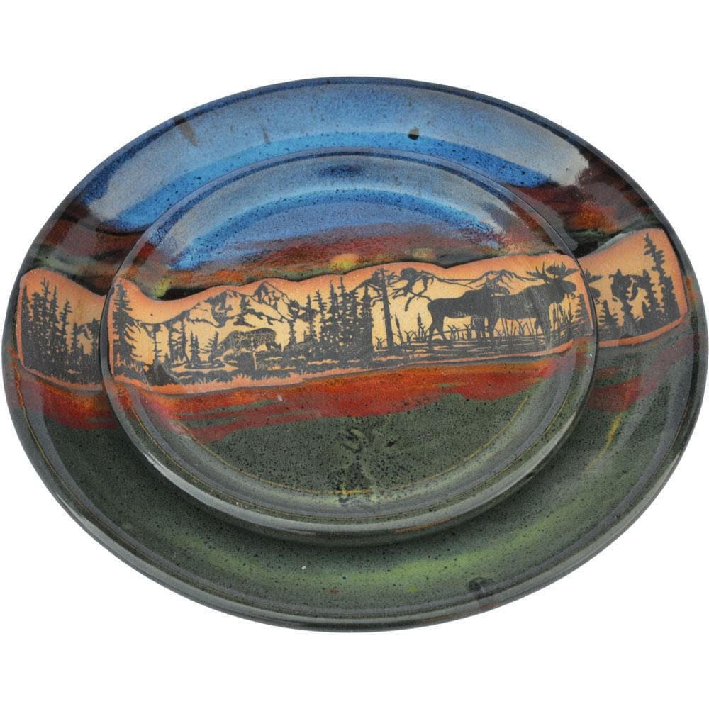 Forest Moose Pottery Dinnerware Set - Handcrafted Ceramic Plates, Bowls & Mugs for Rustic Home Dining - Perfect for Farmhouse Kitchens, Camping & Outdoor Entertaining
