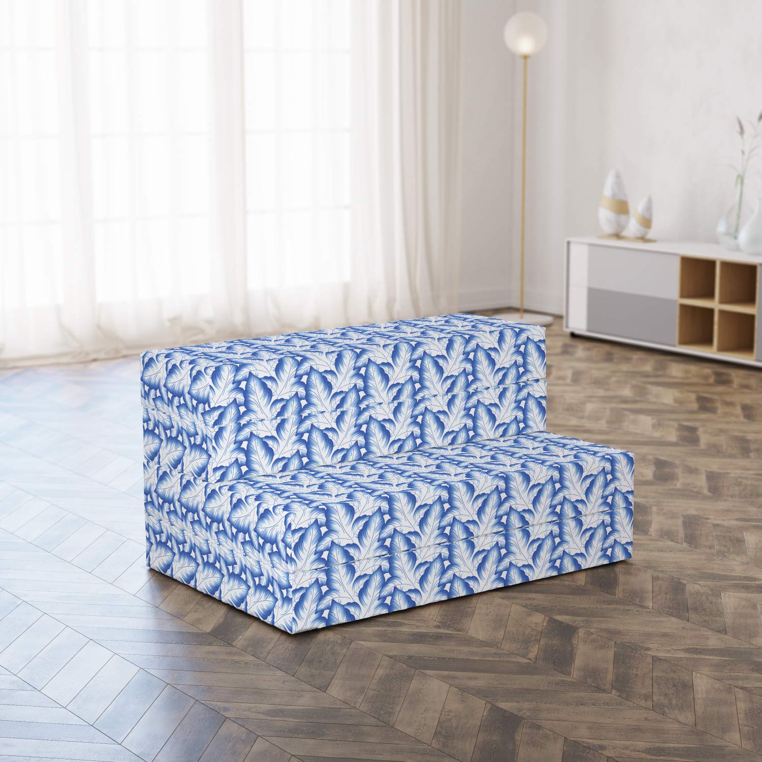 Ambesonne Leafy Foldable Mattress - Blue Floral Leaves Design, 74.8