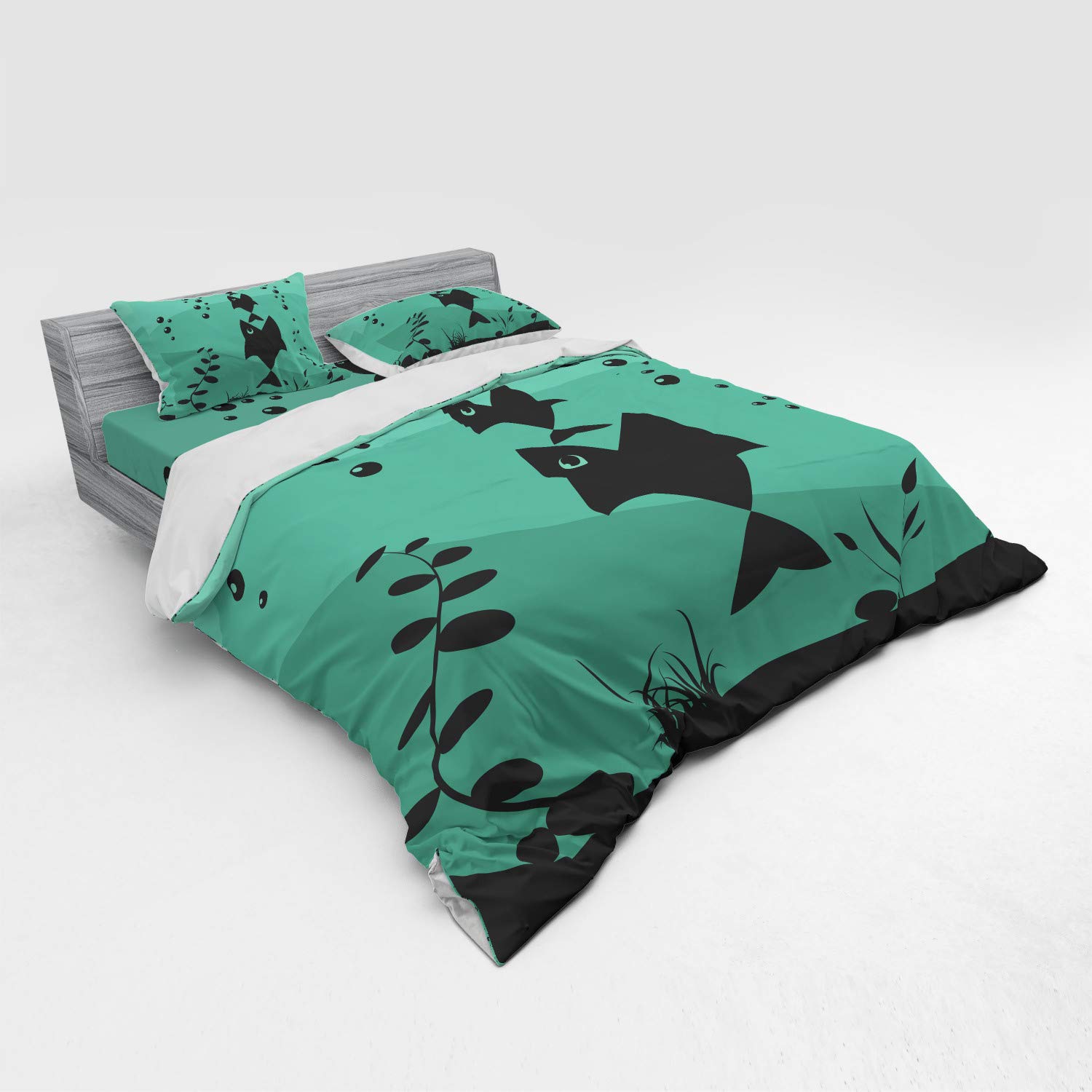 Ambesonne King Size Fishing Themed 4-Piece Duvet Cover Set - Underwater Ocean Design with Big Fish Eating Small Fish in Bubbles, Includes Shams & Fitted Sheet, Teal Grey - Perfect for Beach House Decor, Marine Lover's Bedroom, or Nautical Theme Guest Room
