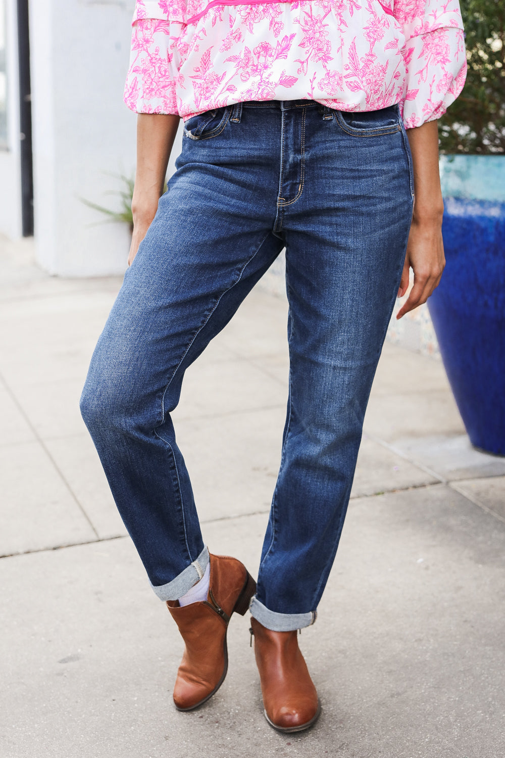 Judy Blue Mid Rise Cuffed Boyfriend Straight Leg Jeans for Women - Comfortable Stretch Denim Pants, Casual Everyday Wear, Perfect for Work & Weekend Outfits