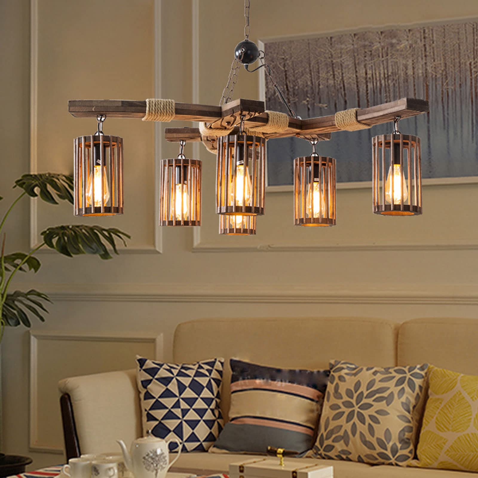 Vintage 6-Light Industrial Wooden Hanging Chandelier - Adjustable Height Black Metal Farmhouse Pendant Light with Wood Lampshade for Kitchen Island, Dining Room, Bar, Pool Table & Living Room Ceiling Lighting