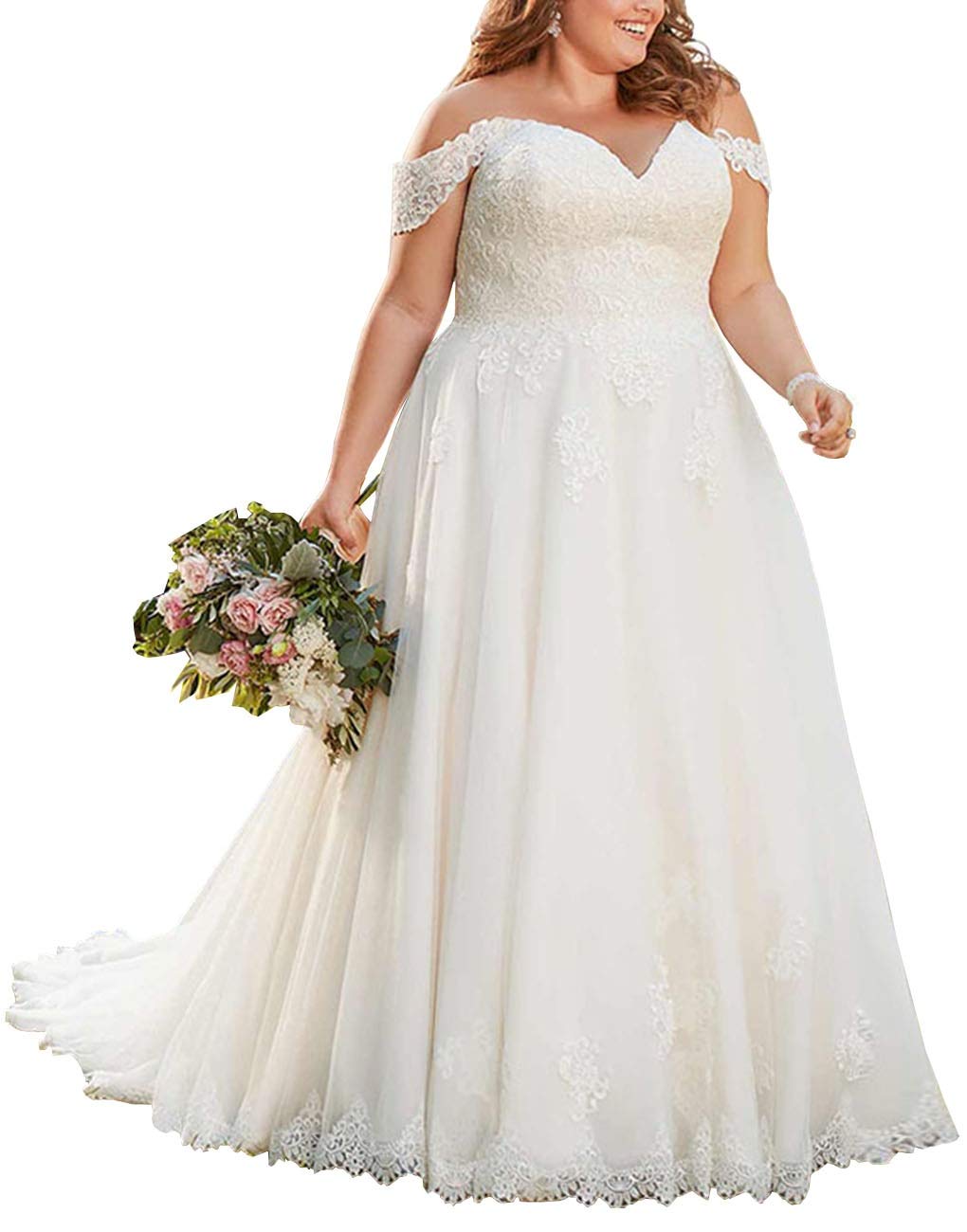 Mulanbridal Plus Size Ball Gown Wedding Dress for Women - Off Shoulder Lace Bridal Gown with Long Train - Perfect for Beach, Church, and Formal Wedding Ceremonies