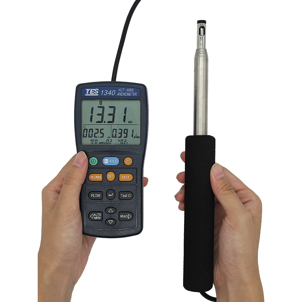 TES 1340 Hot-Wire Anemometer - Digital Air Flow Meter with Temperature Measurement for HVAC, Duct Testing & Indoor Air Quality Monitoring