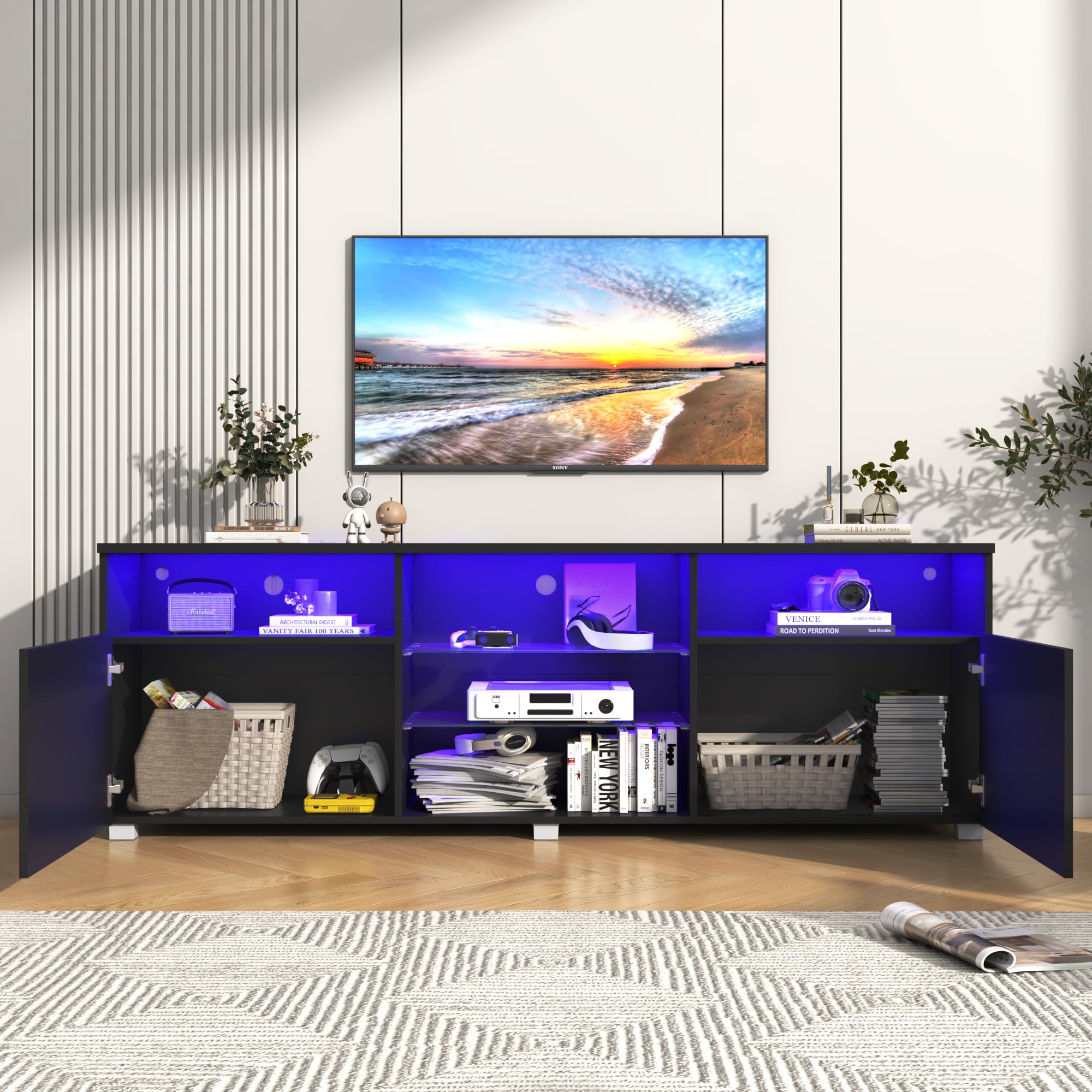 Vinctik 70 inch Modern LED TV Stand for 75/80 inch TVs - High Glossy Entertainment Center with Storage Drawers, APP-Controlled RGB Lighting - Smart TV Cabinet for Living Room (71in Black) - Perfect for Home Theater & Gaming Setup