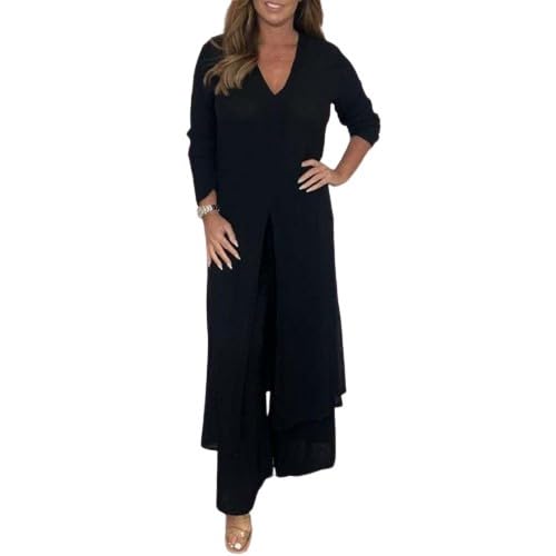 Stylish Women's 2 Piece Outfits - Long Sleeve Slit Top & Pants Set for Wedding Guest, Plus Size Casual Dressy Suits | Perfect for Parties, Cocktail Events & Special Occasions