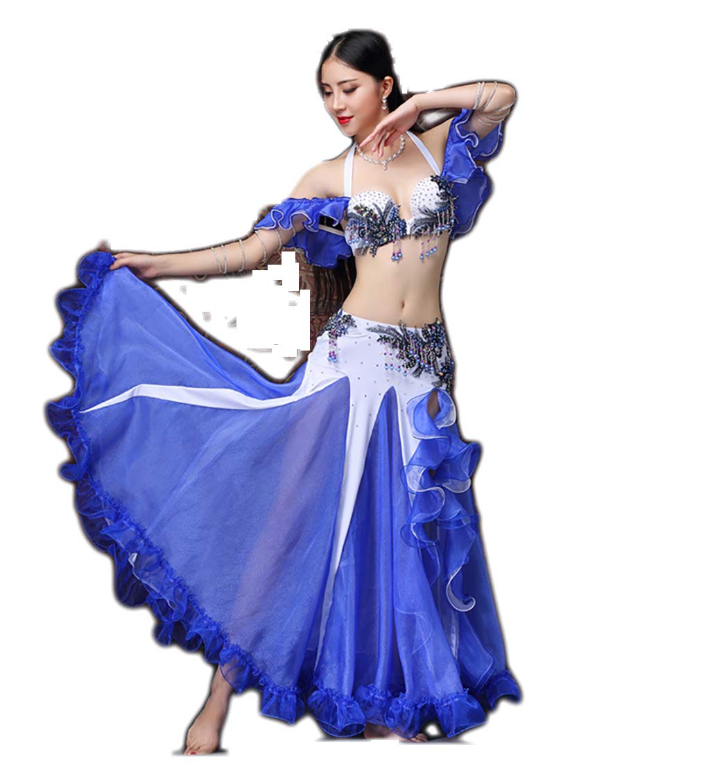 Exquisite Beaded Belly Dance Costume Set for Women - Adjustable Bra & Long Skirt with Sleeves | Egyptian Oriental Performance Outfit for Stage Shows, Dance Classes & Cultural Events