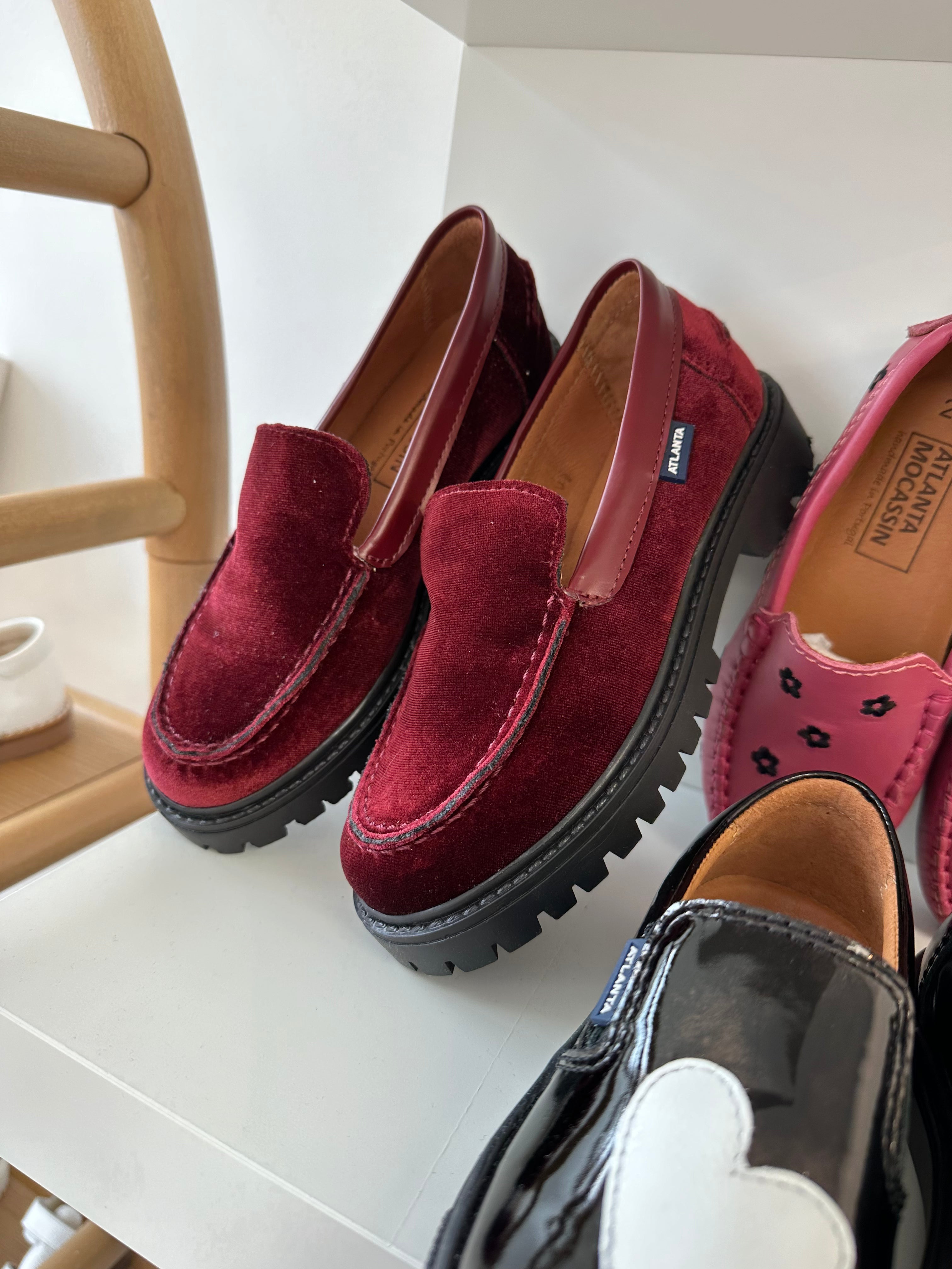 Atlanta Moccasin Shoes for Women - Maroon Velvet Chunky Loafers - Comfortable Slip-On Casual Flats for Work, Travel & Everyday Wear