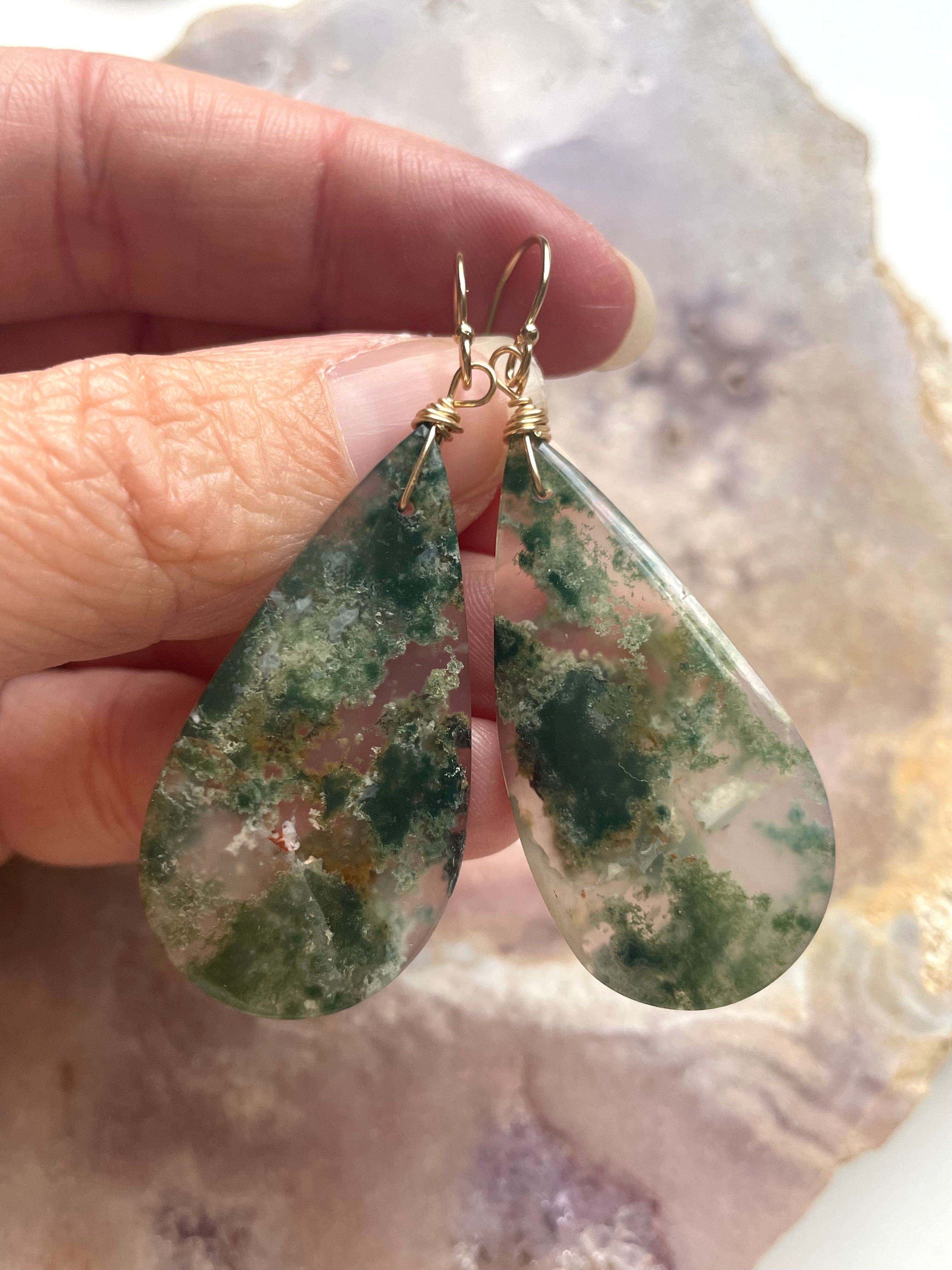 Large Moss Agate Statement Earrings - Gold Filled Dangle Earrings for Women - Elegant Boho Jewelry for Parties, Weddings & Special Occasions