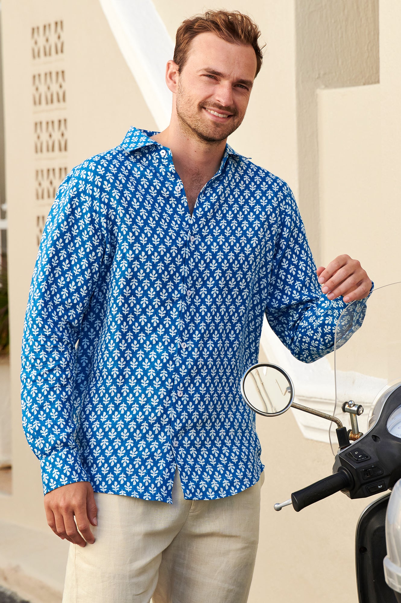 Men's Printed Linen Shirt - Trident Marina Blue/White | Casual Summer Wear for Beach & Outdoor Activities