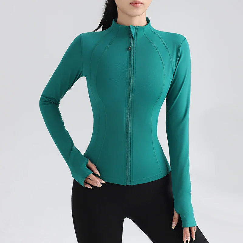 Women's Full Zip Yoga Jacket with Thumbholes - Stretch Fit Long Sleeve Workout Top for Gym, Running & Fitness - Breathable Round Neck Sportswear for Yoga, Pilates & Outdoor Activities