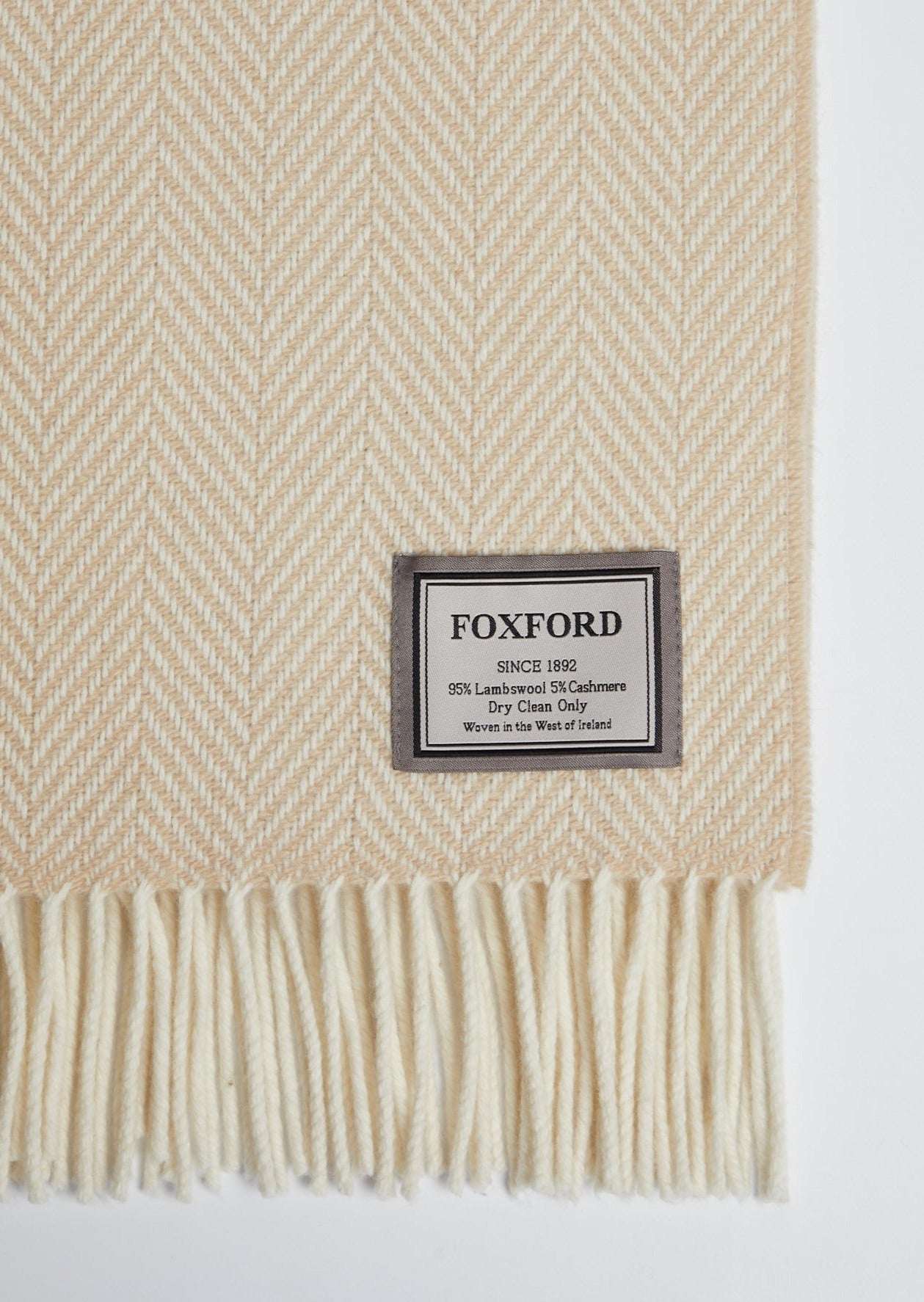 Luxury Foxford Herringbone Cashmere Throw Blanket - Soft White Bone Color for Cozy Living Room, Bedroom & Winter Warmth